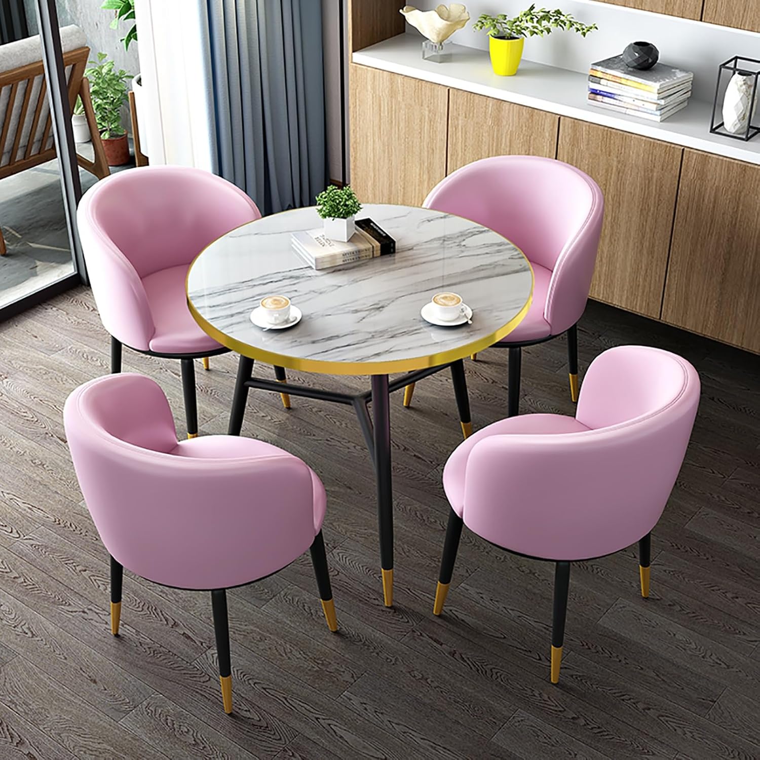 Office Reception Room Club Table and Chair Set,Round Table with Metal Legs and 4 Leather Chairs,Reception Room Table and Chair Combination,for Home Kitchen Office Meeting，Green