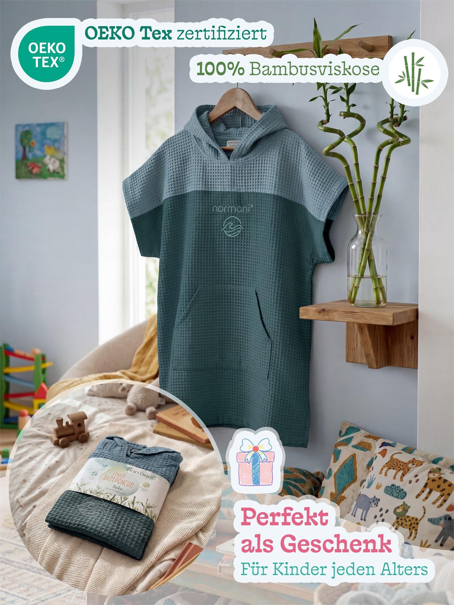 normani Kinder Badeponcho aus Waffelpique 100% Bambusviskose - Handtuch-Poncho mit Kapuze leicht und kompakt - Surfer Poncho in Europa hergestellt