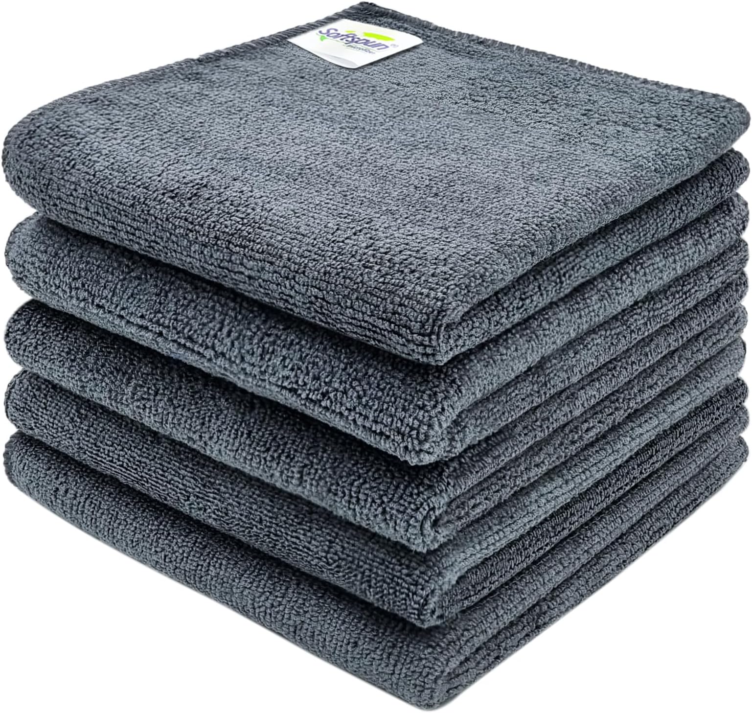 SOFTSPUN Microfiber Cleaning Cloths, 5pcs 40x40cms 340GSM Grey! Highly Absorbent Lint and Streak Free Multi -Purpose Wash Cloth for Kitchen Window Stainless Steel Silverware.
