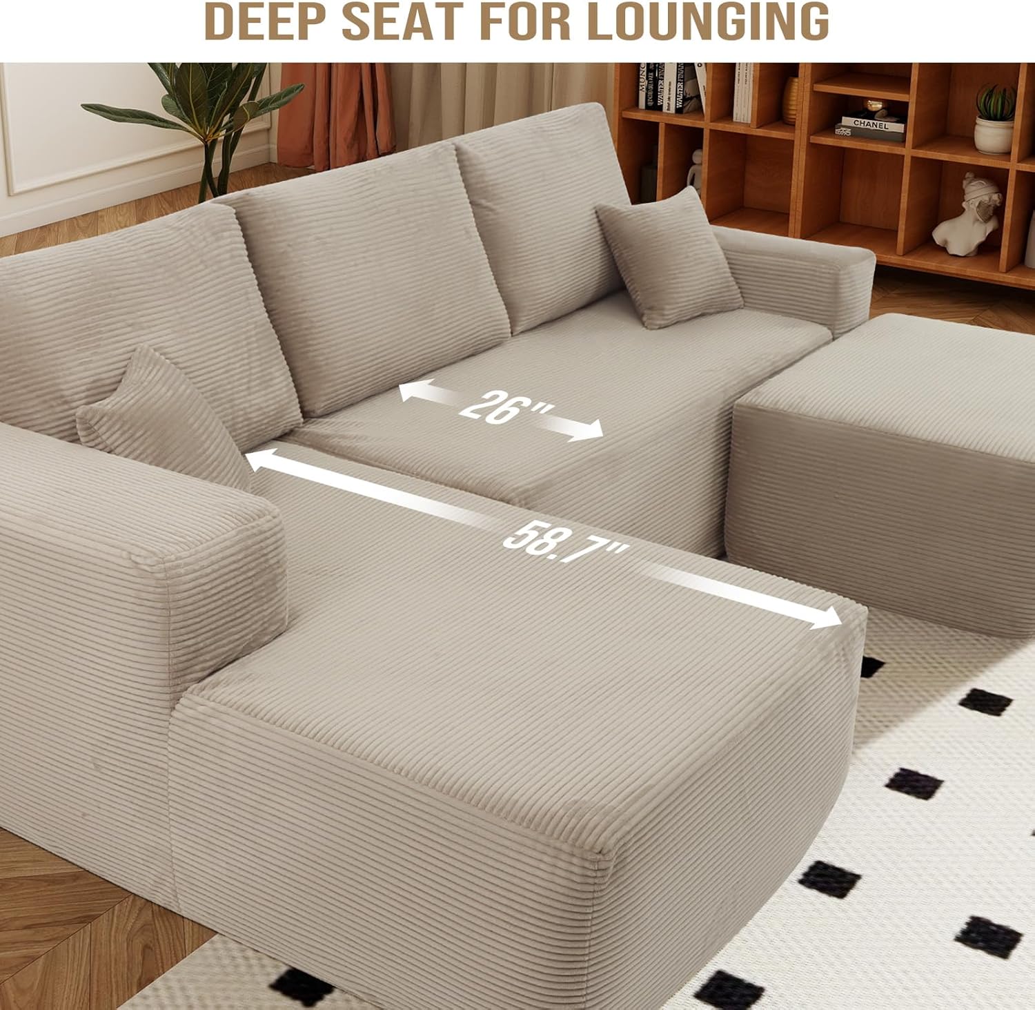 Rovibek 105” Modular Sectional Sofa with Chaise, Boneless Couches for Living Room with Deep Seat & Throw Pillow, Comfy Corduroy Fabric U Shaped Couch, No Assembly Required, Camel