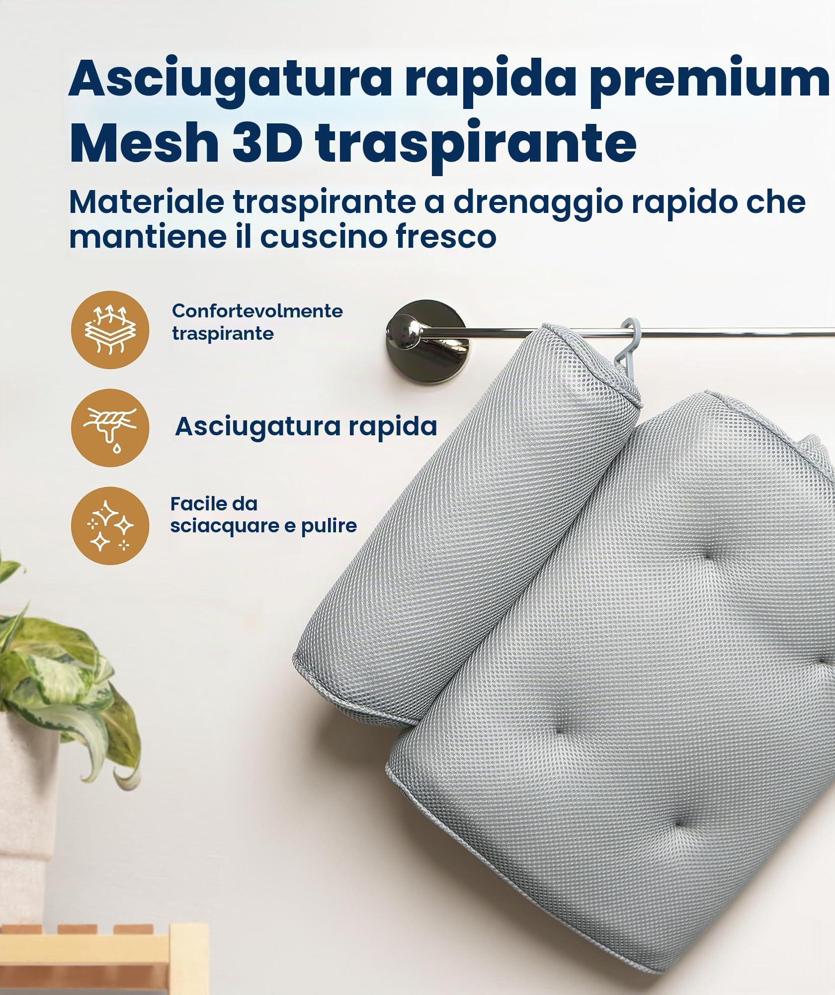 Everlasting Comfort Cuscino vasca da bagno di lusso per testa, collo e schiena – Cuscino antiscivolo con ventose, mesh ad asciugatura rapida e gancio (Grigio)