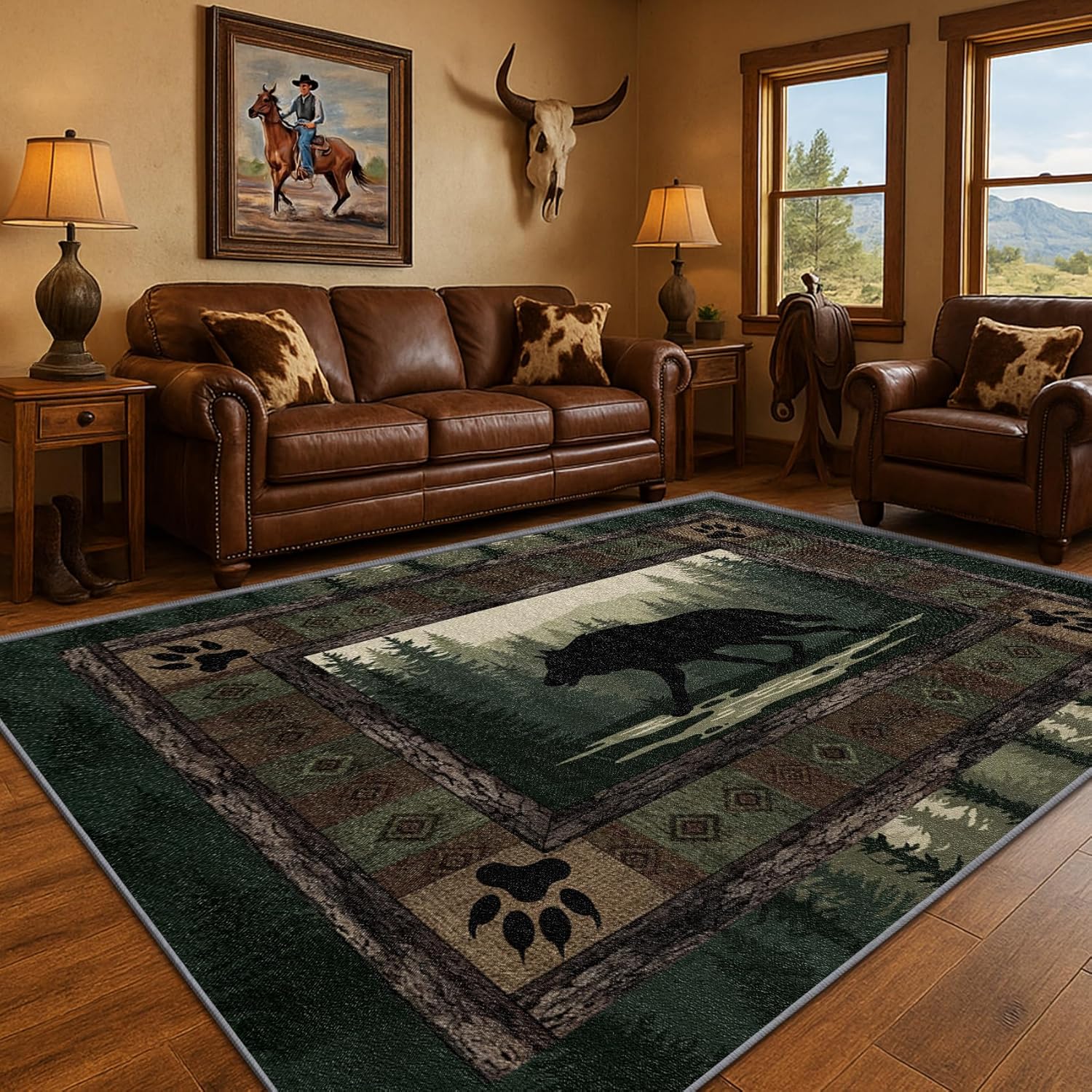 Amazon.com: Yoozitrees Wildlife Rug 3x4 - Wolf Rug, Rustic Cabin Green ...