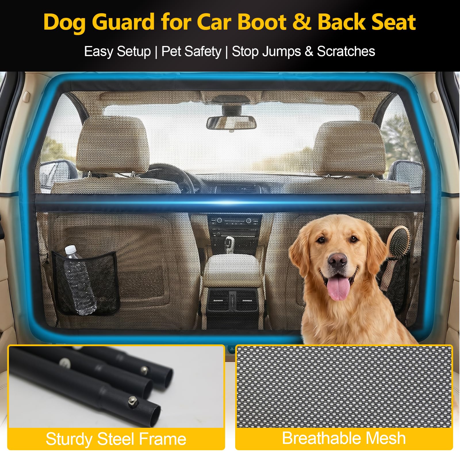 Hundegitter Auto mit Metallrahmen & Sichtnetz, 127 x 142 x 81cm Haustierbarriere Schutznetz Barriere Trennnetz, Universal Hunde Barriere für Kofferraum oder Rücksitz, für SUVs Lkws Fahrzeuge, Schwarz