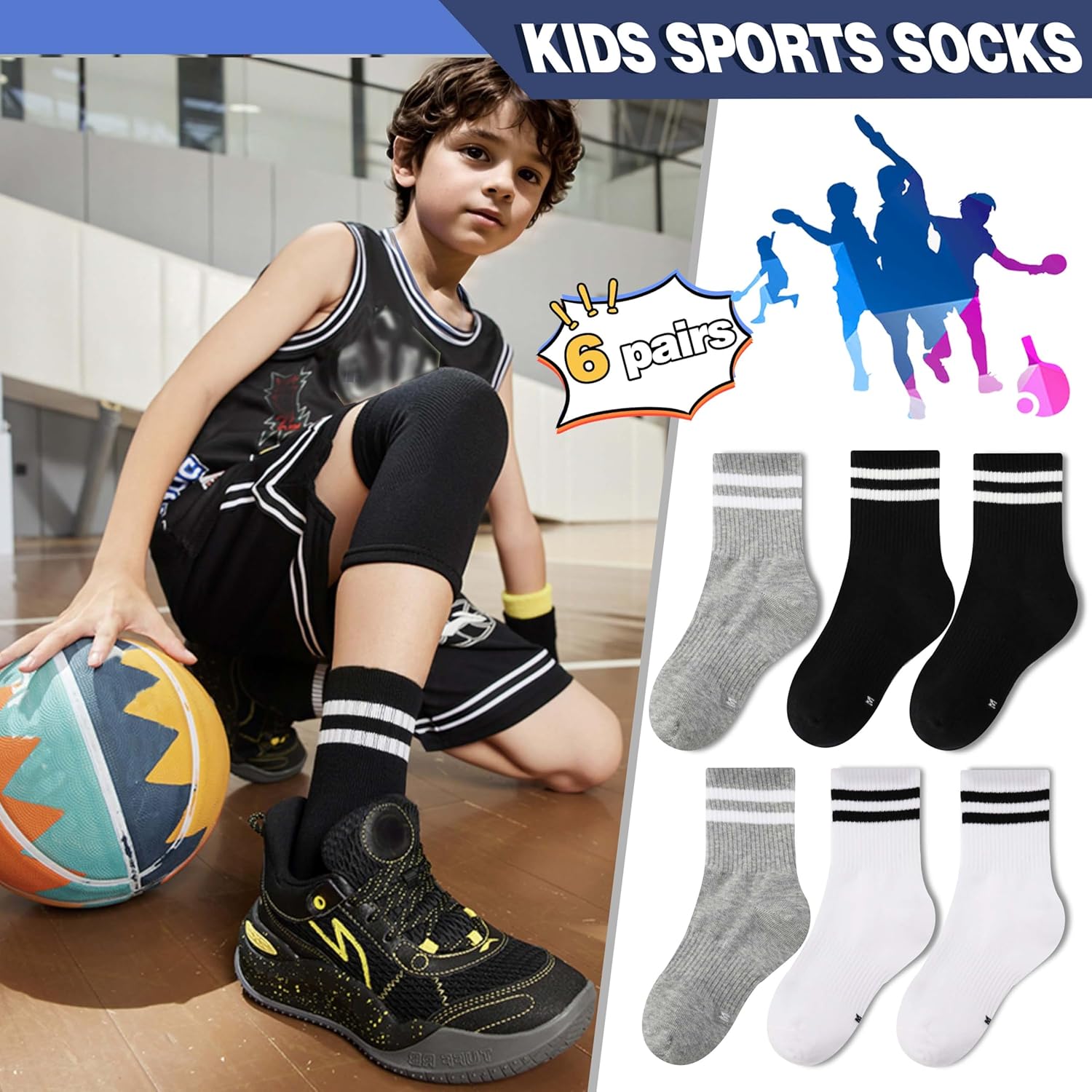 MOGGEI Boys Kids Girls Athletic Socks Basketball Sport Youth Crew Cotton Breathable Outdoor Socks 6 Pairs - Image 2