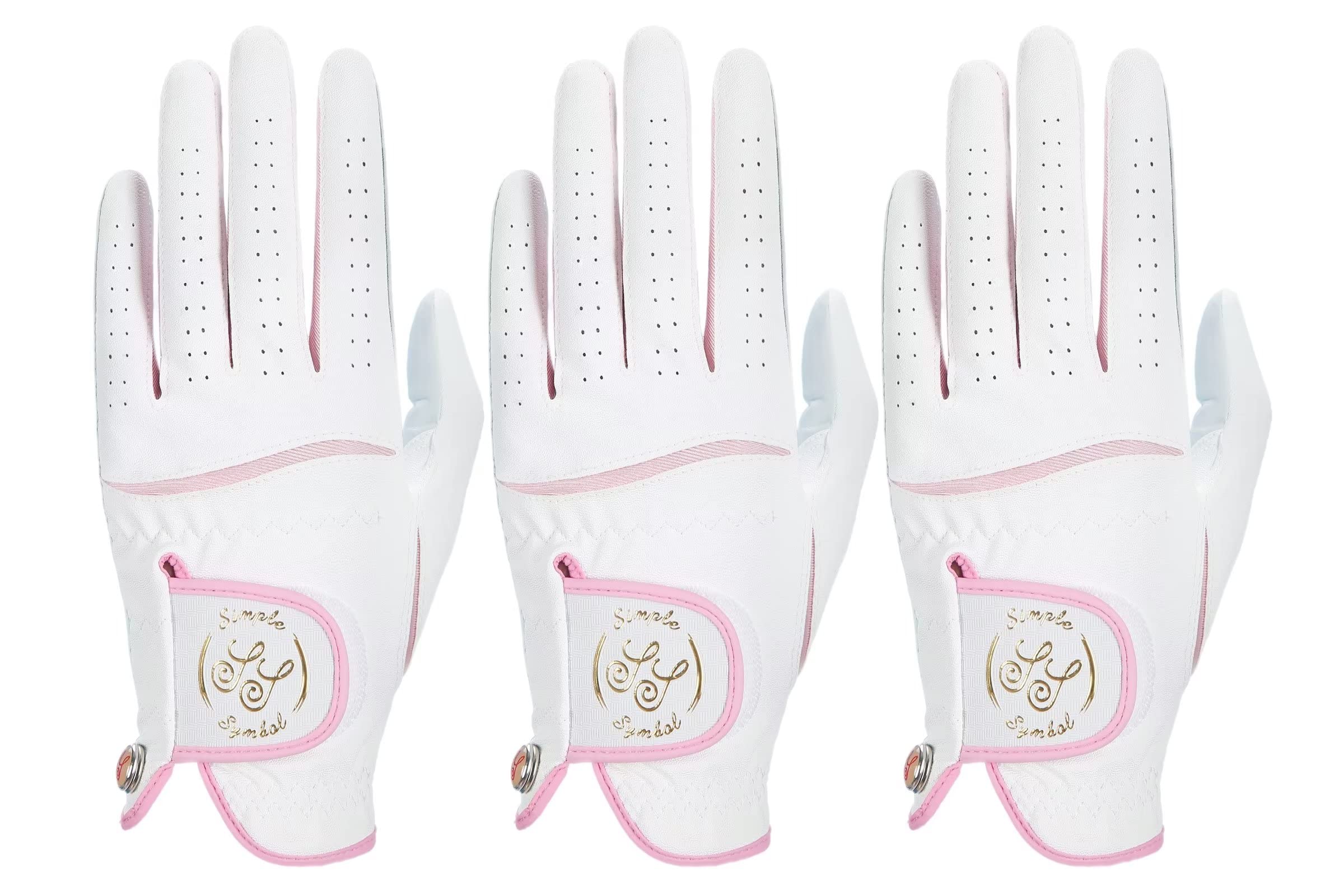 SIMPLE SYMBOL Women's Golf Glove Three Pack,Left Hand Right Hand Small/Medium/Large/XL,White Microfiber with Soft Cabretta Leather