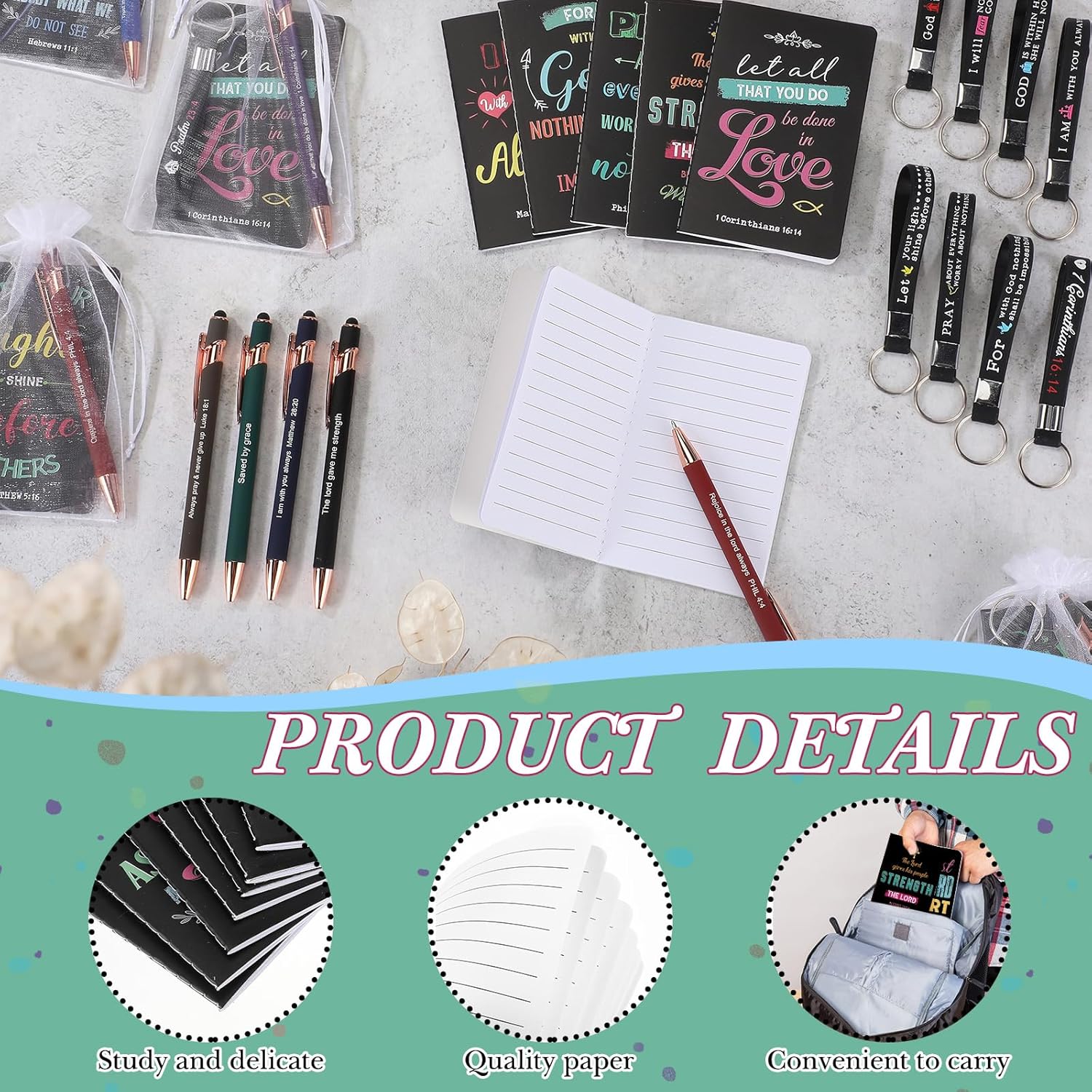 Pajean 128 Pcs Inspirational Christian Gifts Bulk Religious Notebooks Journal Ballpoint Pens Bible Keychains Organza Bags for Sunday School Church Members Teachers Employee Favors Supplies