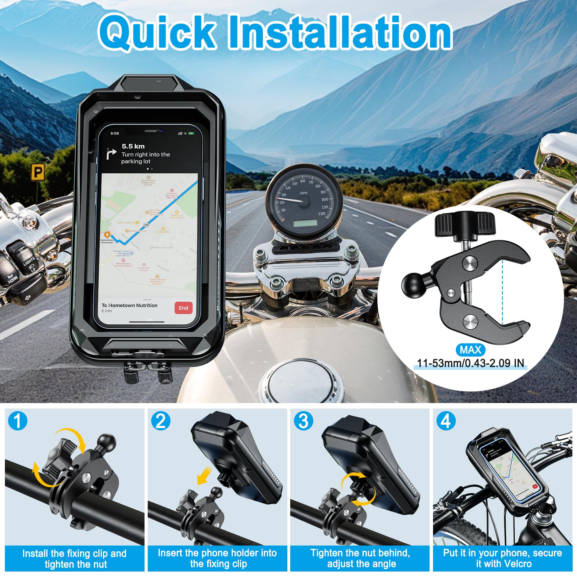 Support Téléphone Vélo Moto Universel 360° Rotation Porte Telephone Velo Guidon Etanche Support Telephone Trotinette Electrique Scooter avec Ecran Tactile pour Smartphones