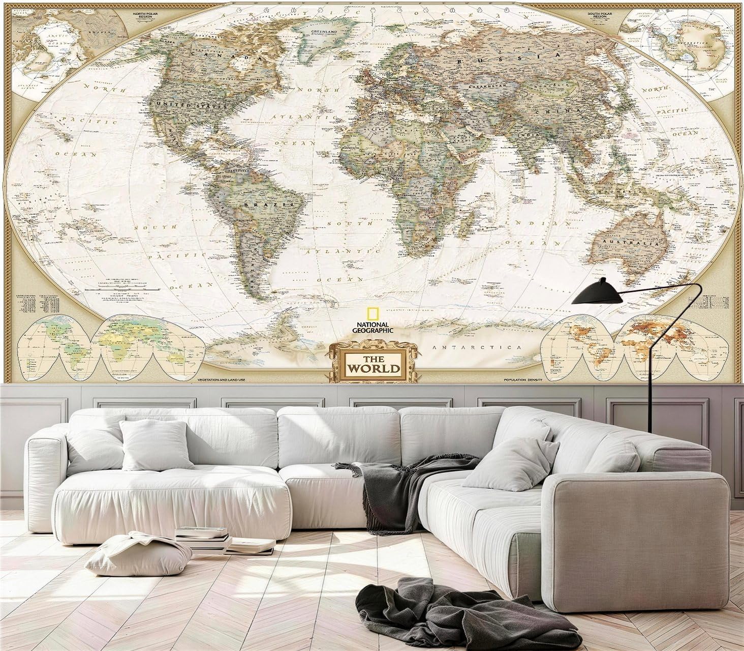 Vintage World Map Peel and Stick Wall Mural, Removable Wall Art for Study Room Office Library Classroom (G19, 136"×96")