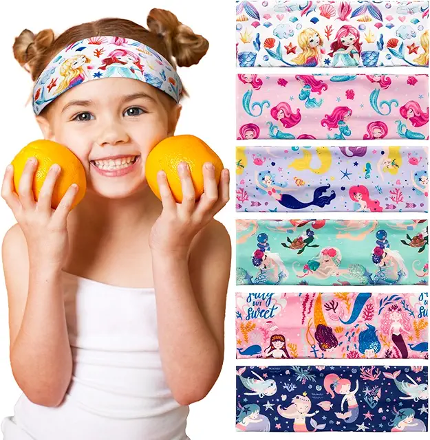 6pcs Bandeaux Large Cheveux Fille Élastique Sirène Dessin Animé Bleu Rose Blanc