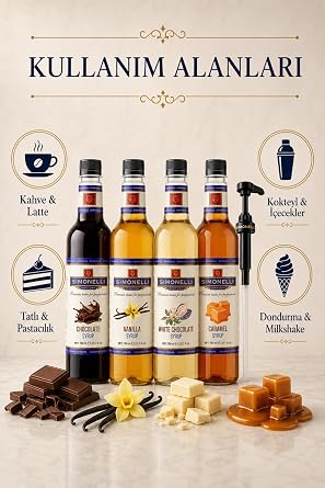SIMONELLI CHOCOLATE Coffee and Cocktail Syrup 700 ml Set of 4 Caramel+Vanilya+Chocolate+White Chocolate + 4 Pieces Pump