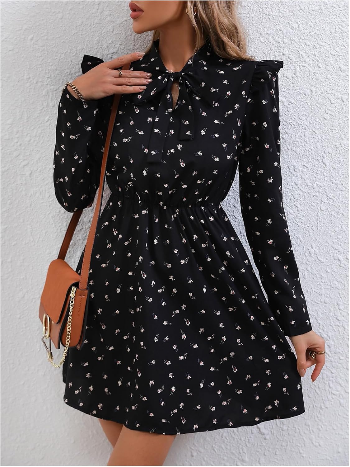 SHENHE Women's Tie Neck Long Sleeve Floral Dress Elegant A Line Flowy Fall Dress - Image 2