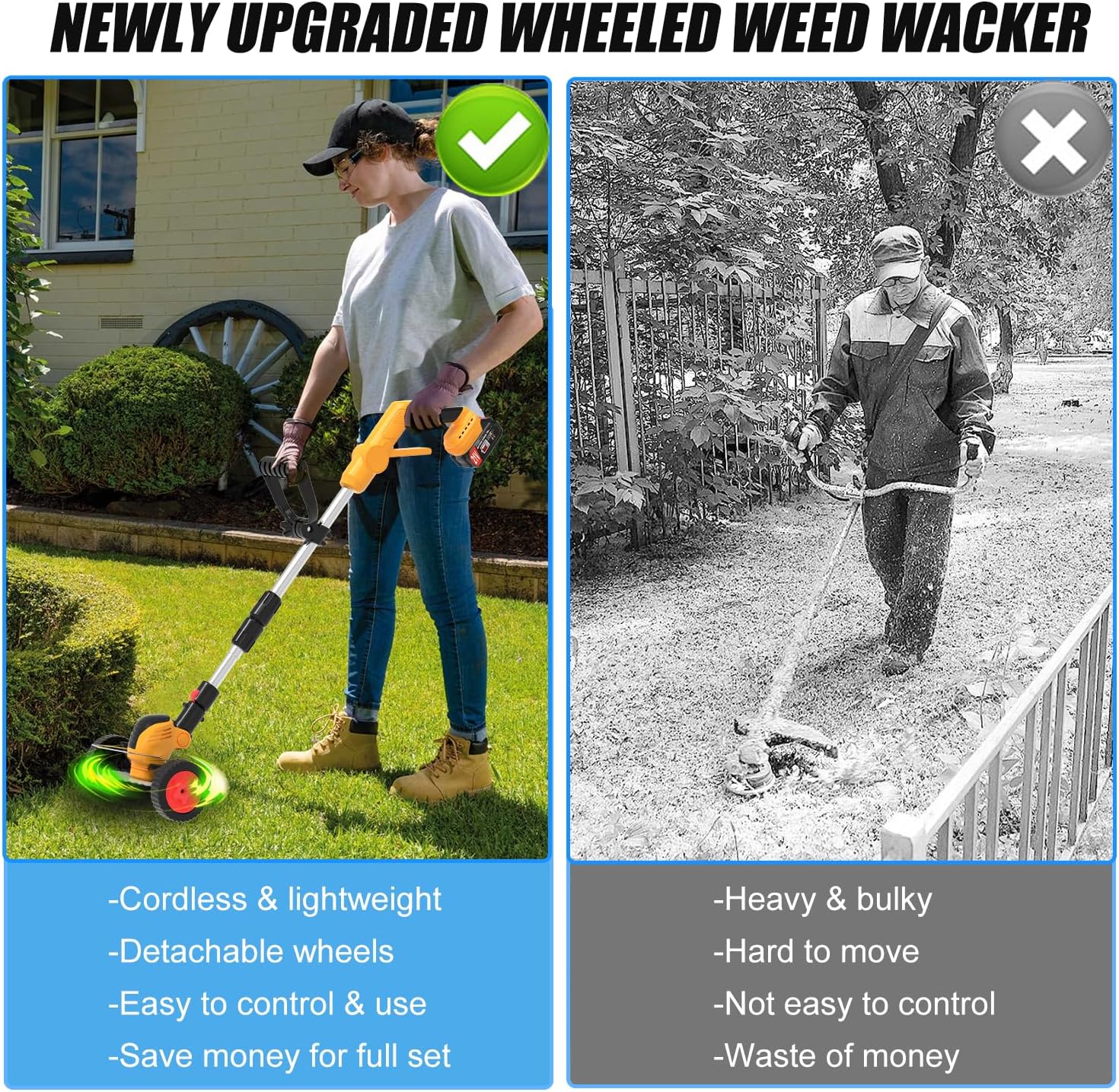 Electric Weed Wacker Cordless Battery Powered, Weed Cordless Eater with 2X 21V/4.0Ah Battery Operated & Wheels 3 Types Blades, 3 in 1 Stringless Grass Trimmer/Edger/Brush Cutter for Garden Yard Lawn - Image 8