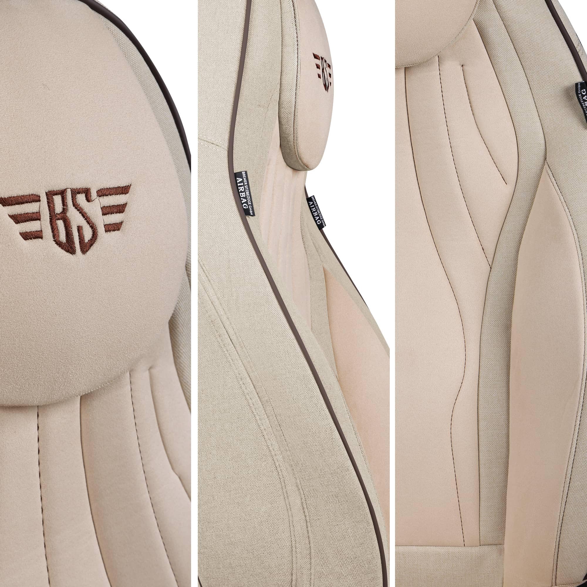 Autositzbezüge Universal für PKW, SUV – Premium Vordersitzbezüge Beige, hochwertig verarbeitet für mehr Sitzkomfort, Airbag-kompatibel, Schonbezüge für Fahrer & Beifahrersitz mit Rückentasche