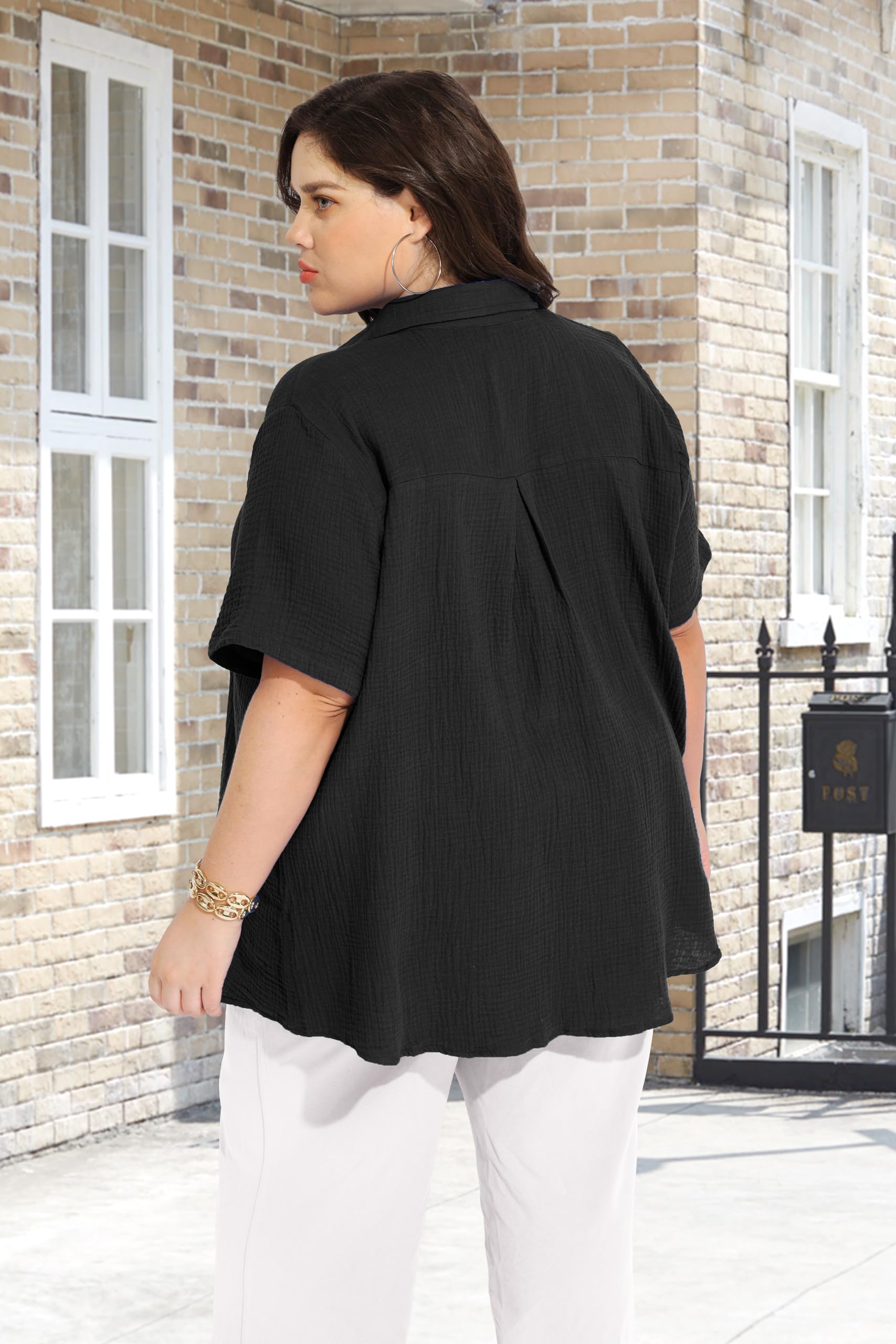 RITERA Haut boutonné à manches courtes pour femme - Col roulé - Léger - Taille XL à 5XL