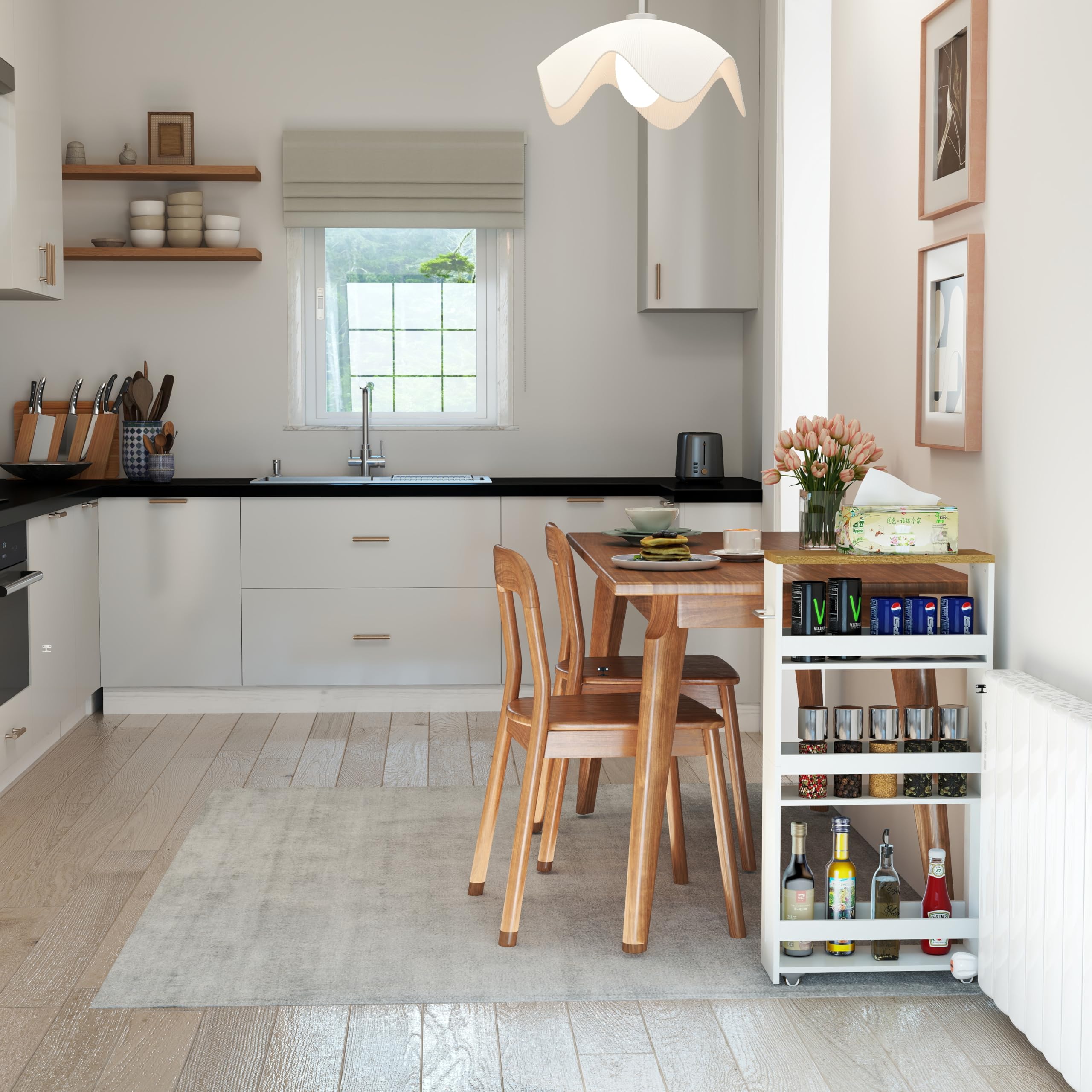 Carrito Auxiliar con Ruedas de 4 Niveles, Estante de Cocina Delgado con Asa, 40 x 80 x 14 cm, Pequeños Espacios, Baño, Lavandería, Blanco y Madera Natural, Juego de 2 Unidades