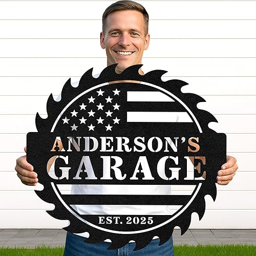 Miniatura 20 de Letrero de taller de garaje personalizado para hombres, arte de pared de metal con nombre personalizado para cobertizo mecánico, decoración rústica