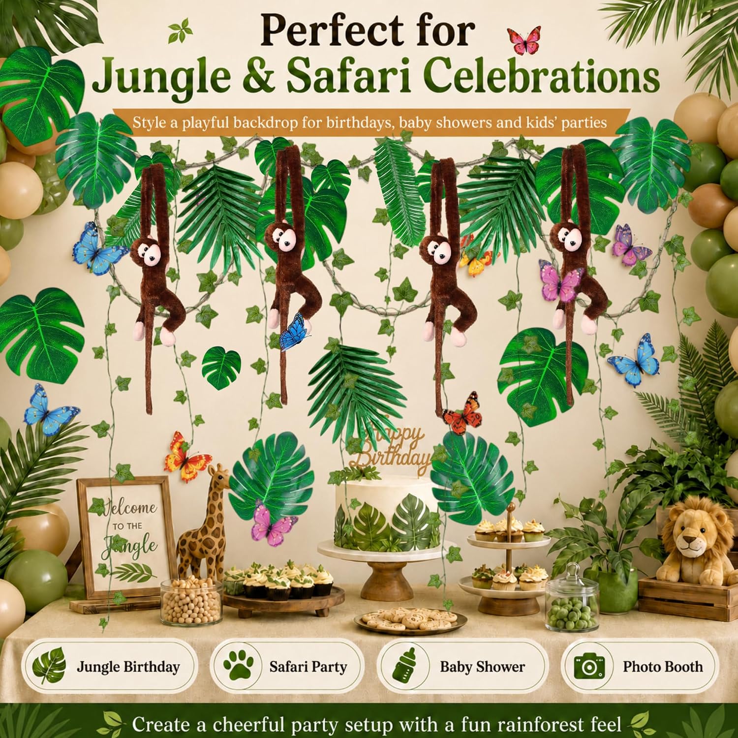 106PCS Jungle Theme Decorations Kit with Hanging Monkeys | butterflies, Ivy garlands, vines, leaves, hooks and zip ties for safari birthday, classroom, VBS and baby shower decor