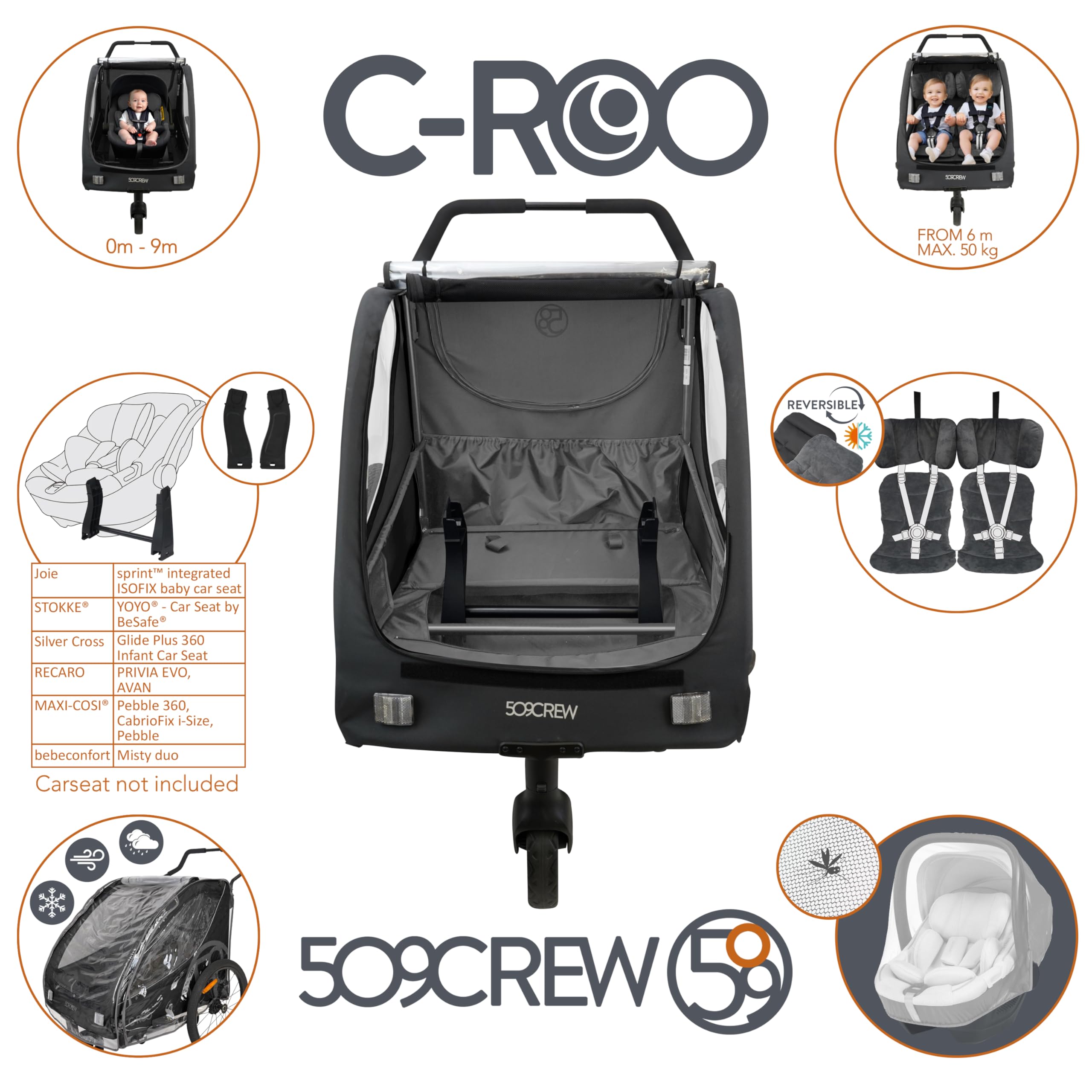 C-ROO Multi Use Bike Trailer, Infant Ride System, Max Load 50kg, Mosquito Net, Seatpads, Raincover, Night Grey