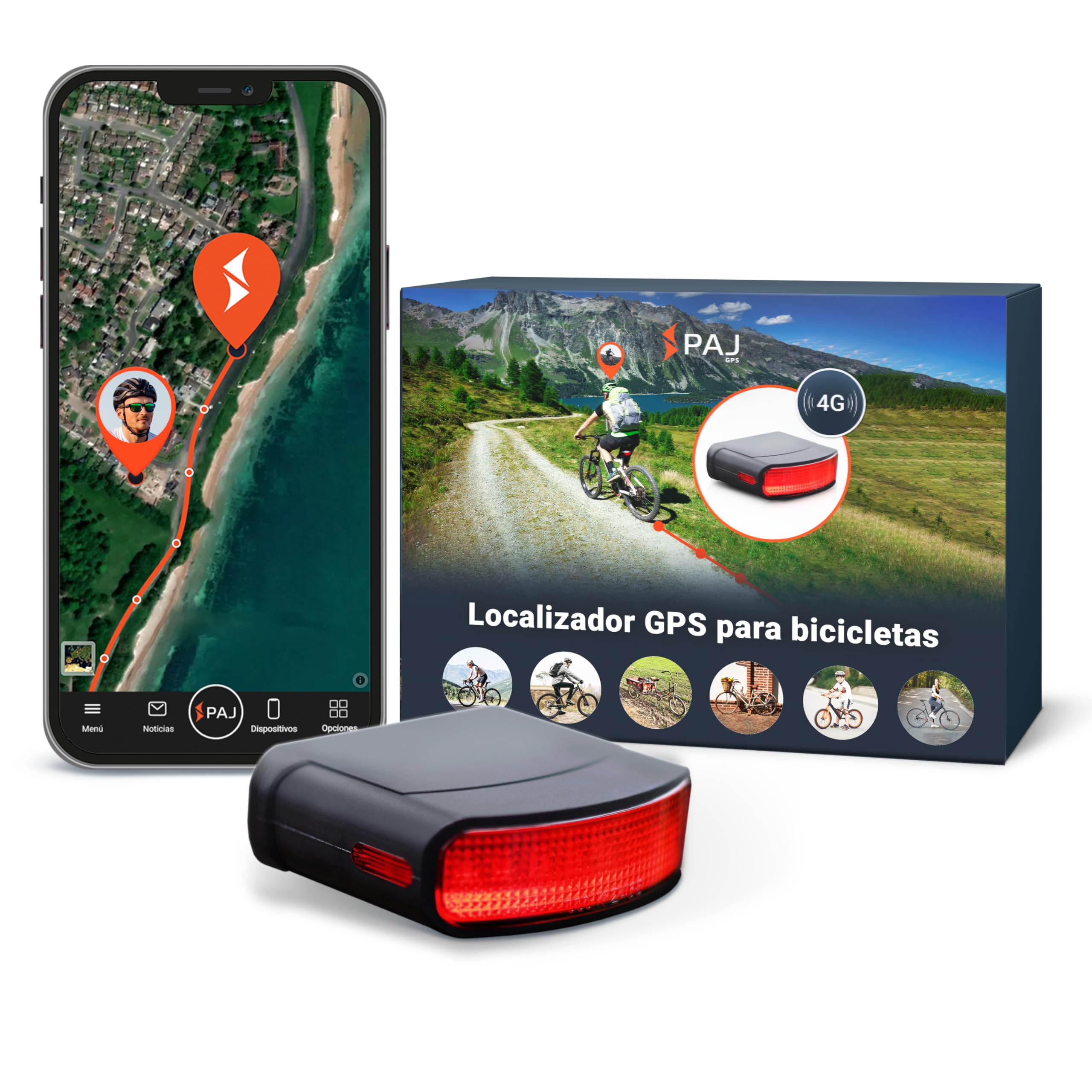 PAJ GPS Rastreador 4G con Luz Trasera para Bicicletas (Incl. E-Bikes) - Incl. 3 Meses de Suscripción Premium - Seguimiento En Vivo, Alarma De Caída, Registro De Rutas, Geovalla, Batería hasta 20 Días