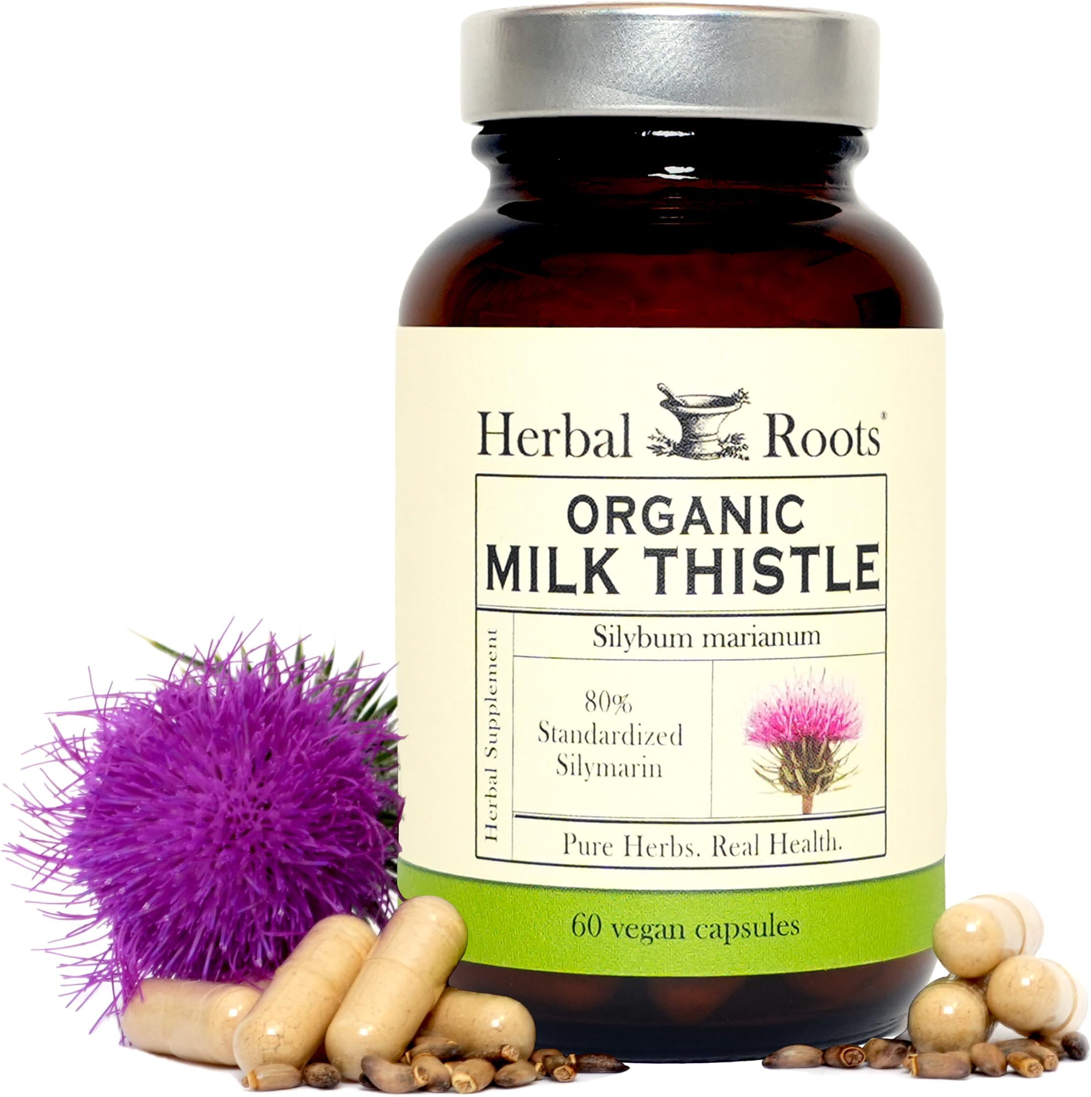 Herbal Roots Milk Thistle Capsules | Extra Strength 80% Silymarin Herbal Supplement | Made with Pure Organic Milk Thistle | Vegan and GMO Free