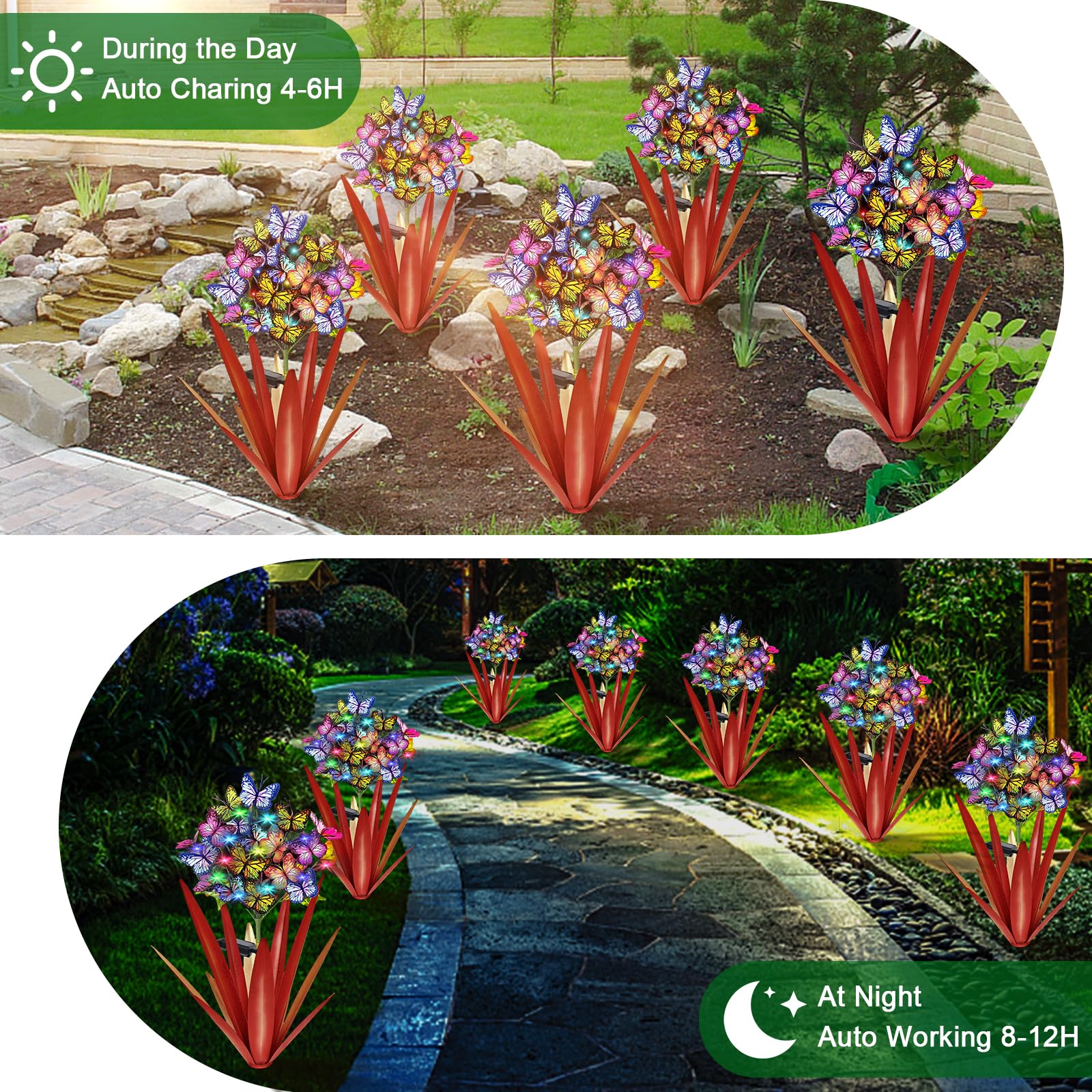 Homight Solar Metall Agave Schmetterling Blume Stick Garten Skulptur – Outdoor Weihnachtslichter, schwingende Solarleuchten Geschenk (2 Stück rot)