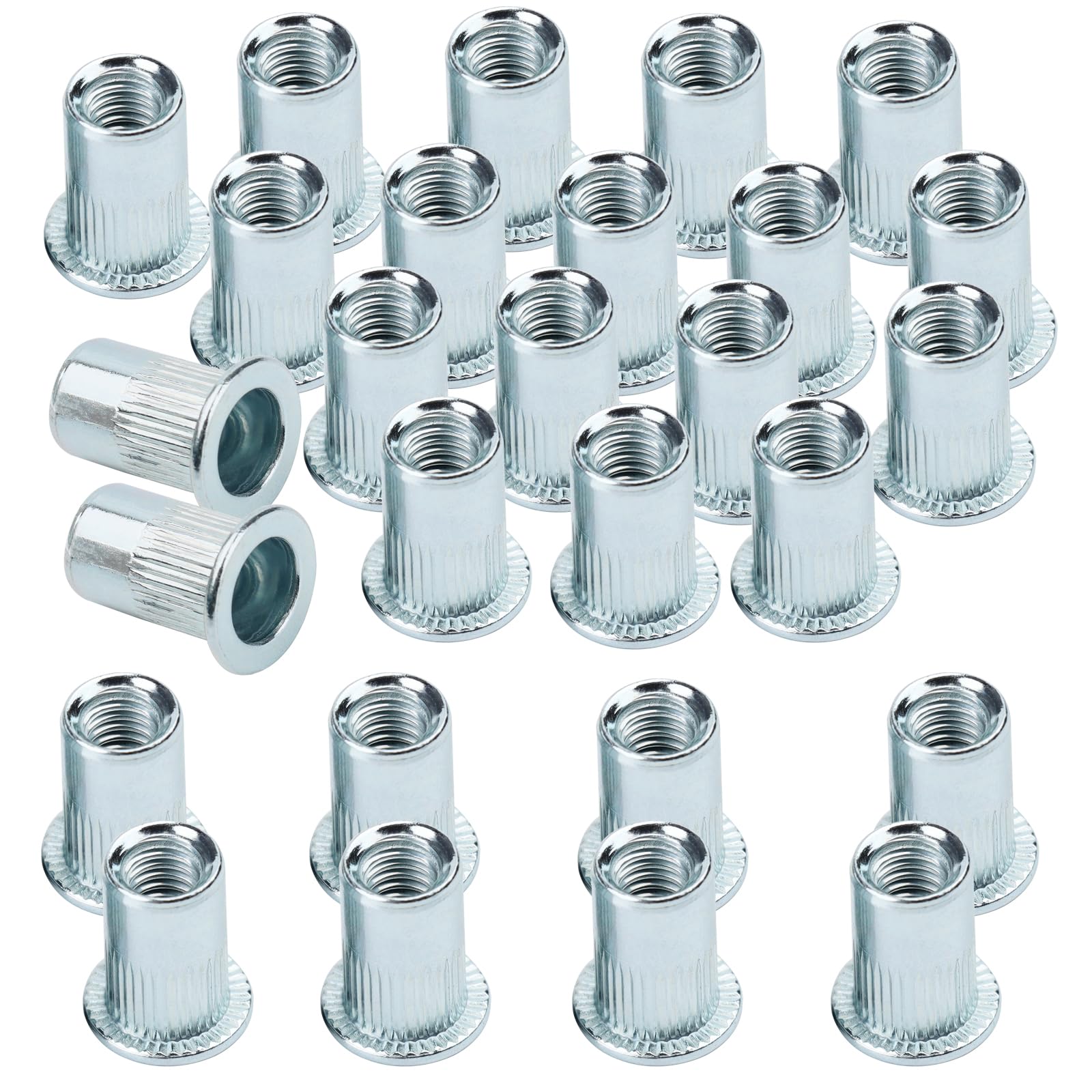 100 dadi rivettati, rivetti metrici, dadi rivetti M6 a testa svasata, filettatura Rivet Nutsert testa piatta con scatola, M6 rotondi, rivetti filettati per pannelli di plastica in metallo