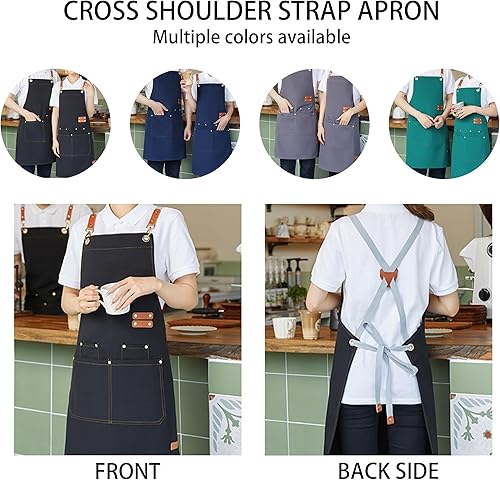 Miniatura 3 de Kitchen Apron, Work Apron,Cotton Canvas Cross Back Waterproof Work Aprons for Kitchen Cooking Bib Canvas,Restaurant kitchenMultiple Pockets,