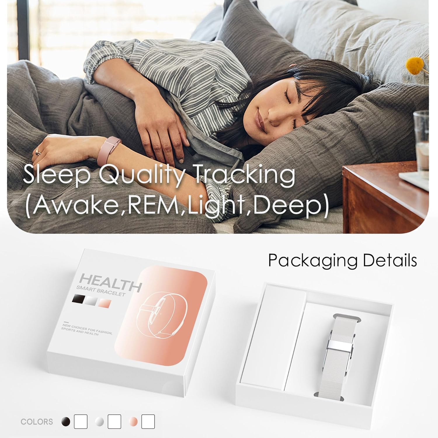 A person sleeping with the smart bracelet on their wrist, and a separate image of the product packaging for the smart bracelet.