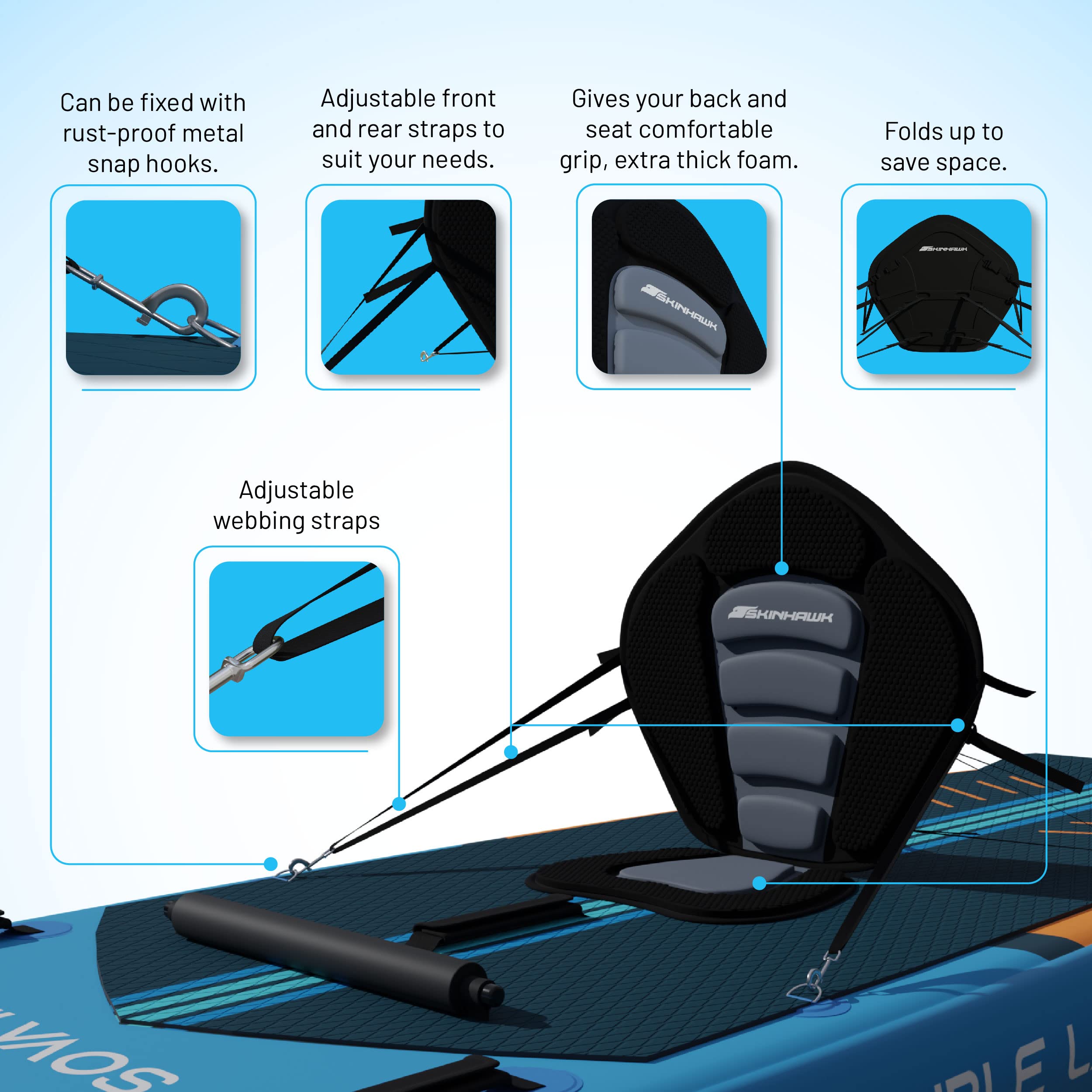 SKINHAWK Premium Kajaksitz für Stand Up Paddle Board, Kajak, Surfboard Gepolsterter Sitz mit Rückenlehne