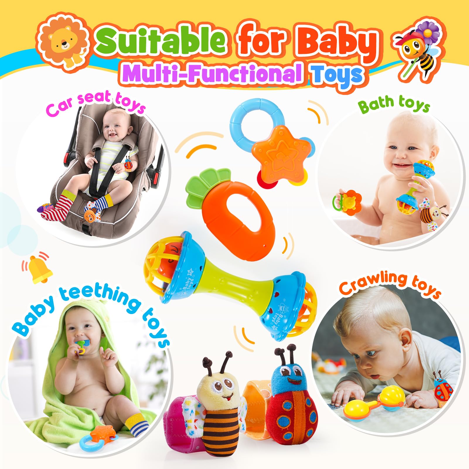 Sonaglio Neonato 0-12 Mesi, Giochi Neonato 0-3-6-9-12 Mesi Giochi Dentizione Neonato Giochi 0-12 Mesi Regalo Neonato Montessori Giocattoli 0-6-12 Mesi Giochi Sensoriali per Neonati