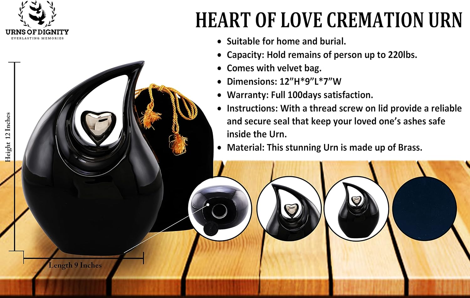 Heart of Love Cremation Urn for Human Ashes – Large Adult Funeral Urn, Metal Burial Urn, Decorative Memorial Urn for Ashes of Loved One (Non-Customize, Adult)