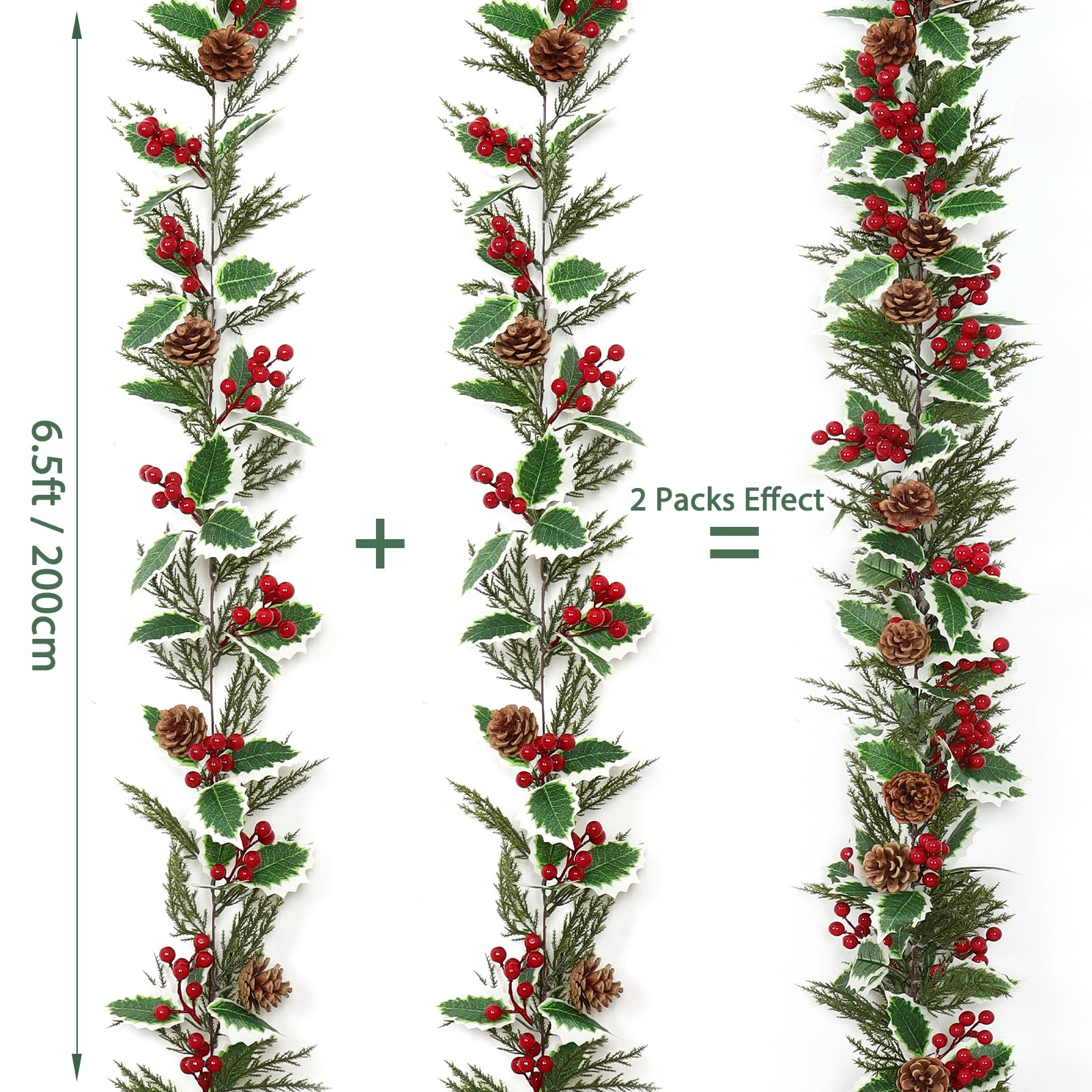 Betylifoy Lot de 2 guirlandes de Noël artificielles de 1,8 m avec aiguilles de pin, feuilles de houx en rotin avec baies rouges à suspendre pour cheminée de Noël, décoration d'intérieur (2 pièces, 1,8