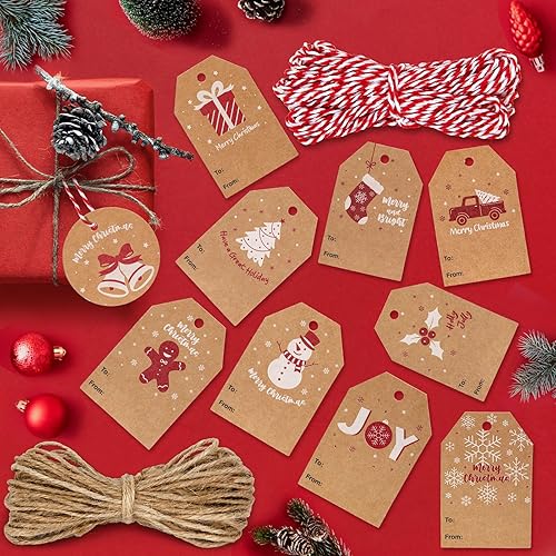 Miniatura 7 de Blisstime 120 etiquetas de regalo de Navidad con cuerda, 15 estilos, etiquetas de papel de estraza de papel de estraza, etiquetas únicas de Navidad