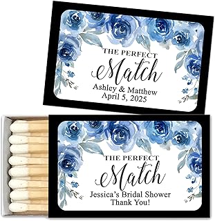 Blue Watercolor Flowers Perfect Match Personalized Matches for Wedding Favors - Custom Wedding Matches (Set of 50 Matchboxes) (Black Box)