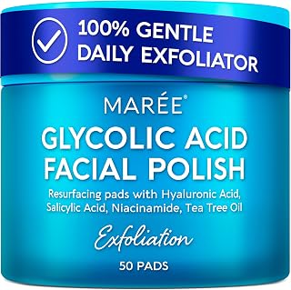MAREE Glycolic Acid Pads: Exfoliating Toner Pads with Salicylic Acid, Tea Tree Oil & Vitamins for Acne Clearing & Pore Refining - 50 Count