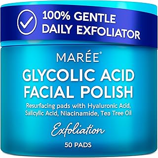 MAREE Glycolic Acid Pads - Toner Pads for Face Cleansing - Exfoliating Pad with Tea Tree Oil, Salicylic Acid & Vitamins E, B3, B5 - Acne Clearing, Skin Pore Resurfacing & Radiance Device - 50 Count