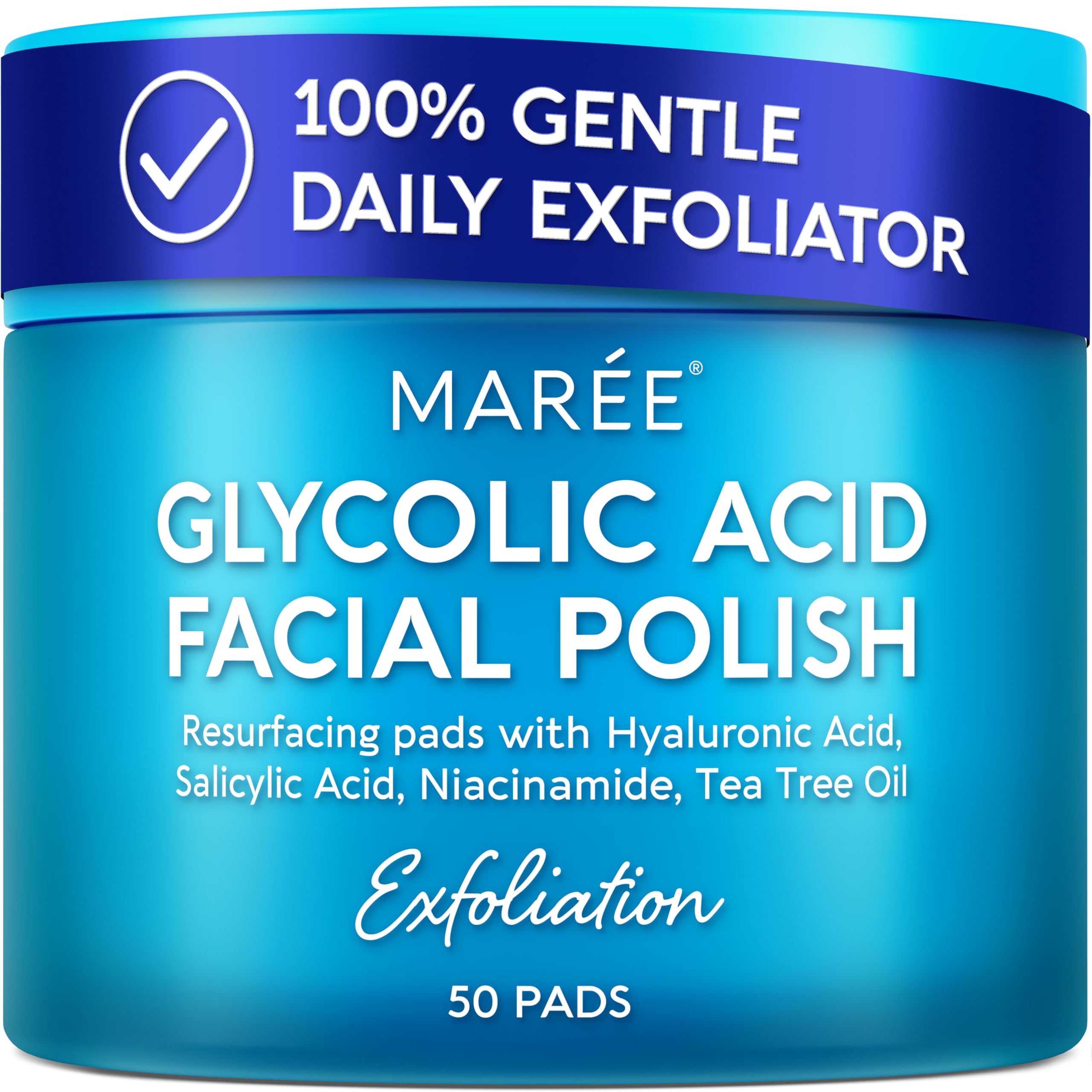 MAREE Glycolic Acid Pads - Toner Pads for Face Cleansing - Exfoliating Pad with Tea Tree Oil, Salicylic Acid & Vitamins E, B3, B5 - Acne Clearing, Skin Pore Resurfacing & Radiance Device - 50 Count
