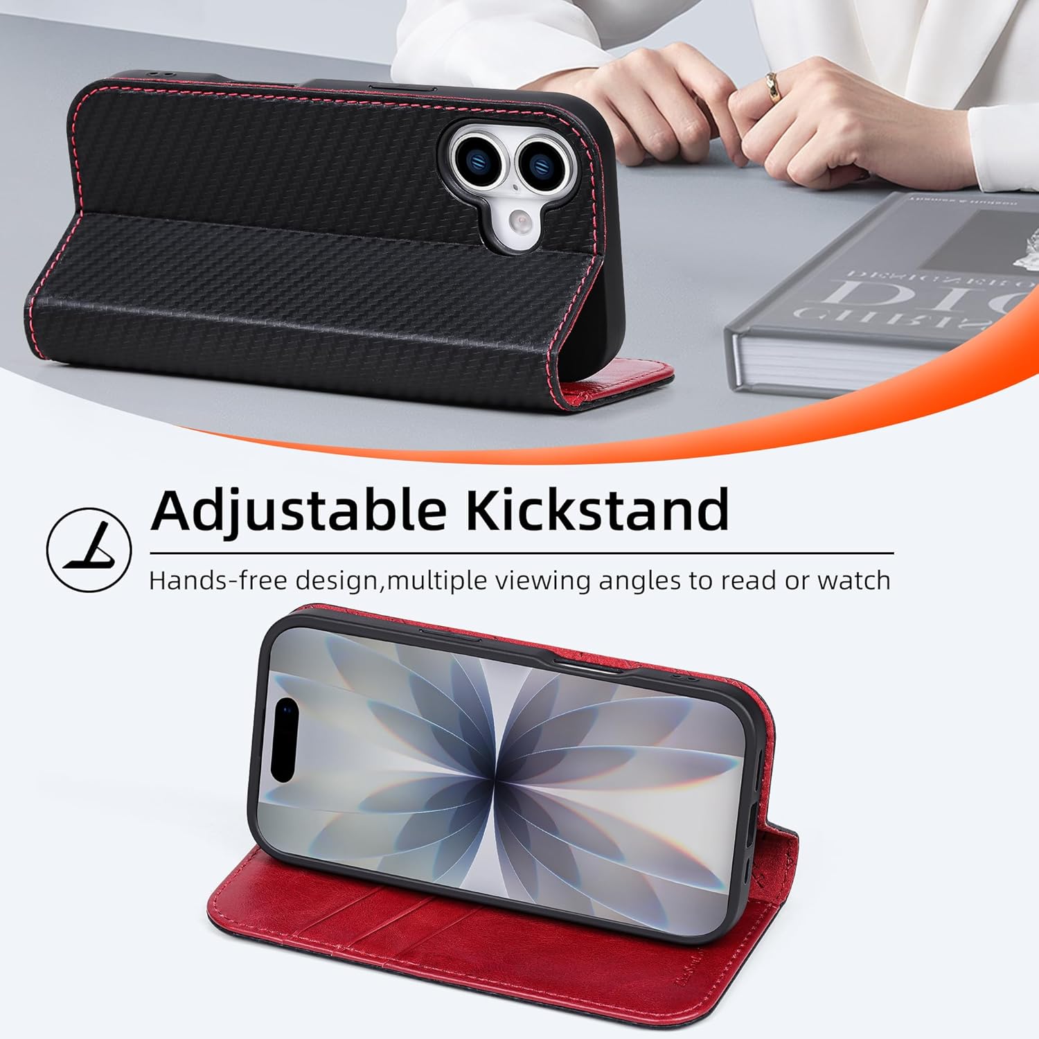 VISOUL Wallet Case for iPhone 17, Carbon Fiber Leather Wallet Magnetic Cover with RFID Blocking Card Holder Kickstand Flip Folio Phone Case Compatible with iPhone 17 (6.3 inch)-Black+Red