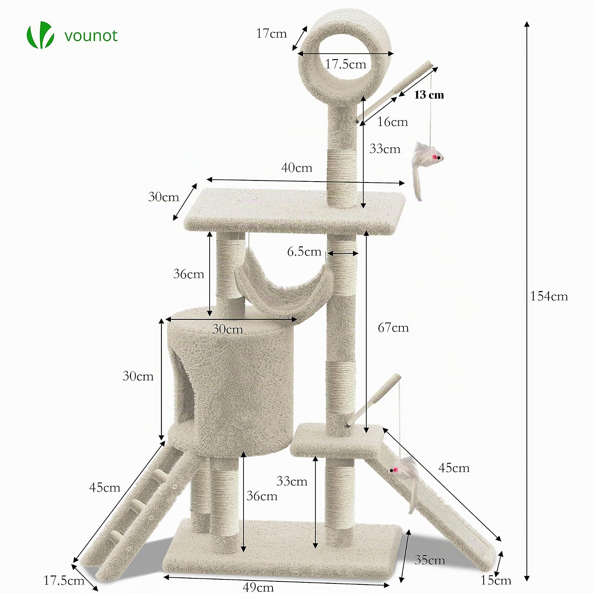VOUNOT® Árbol Rascadores para Gatos Grande con Plataformas y Refugios, XXL 154cm, Beige