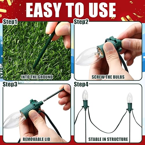 Miniatura 4 de Gisafai Estacas de luz de metal de Navidad de 15 pulgadas, 12 estacas universales de luz verde al aire libre para enchufes de luz C9 o C7, estacas