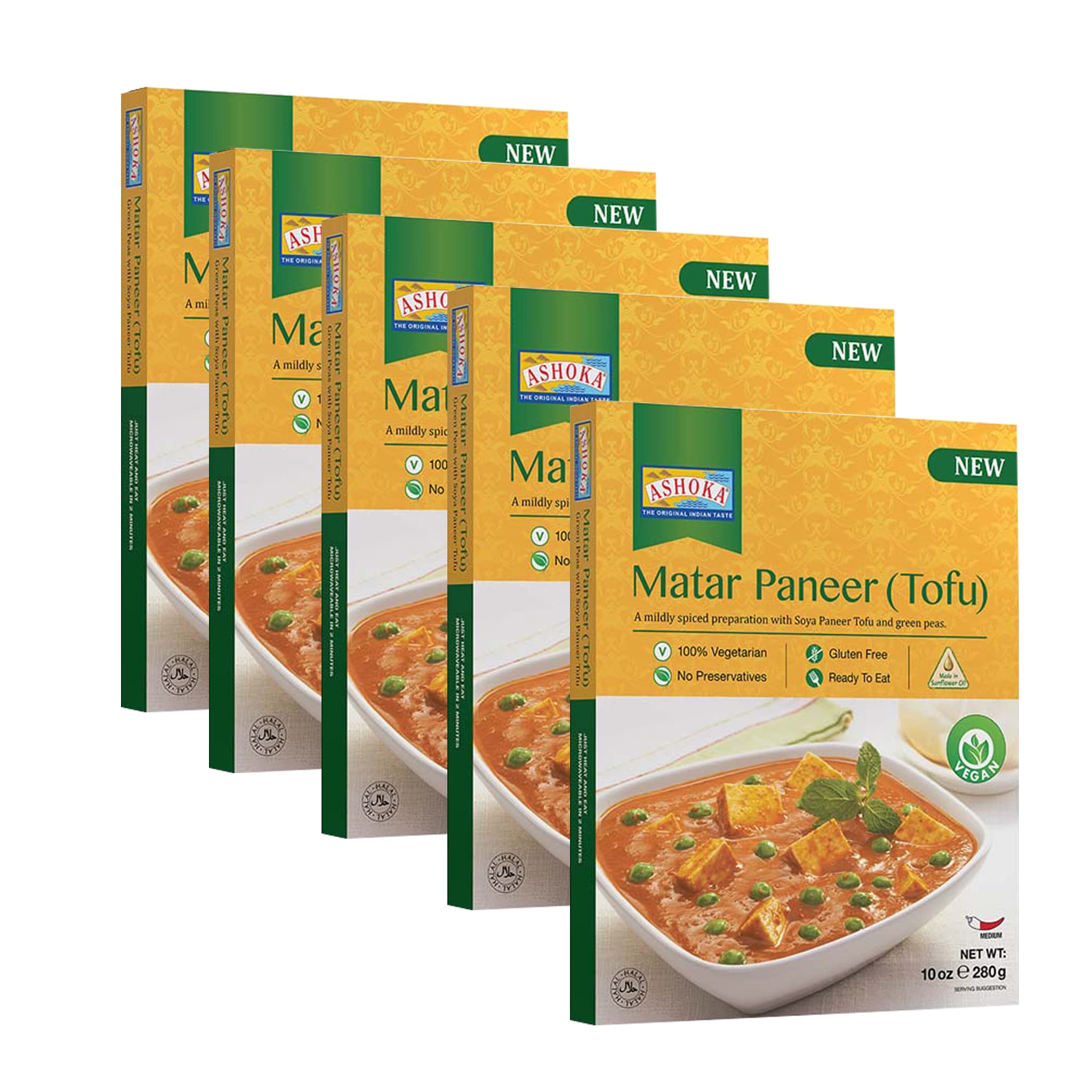 ASHOKAHeat & Eat Meals 1932, Plant-Based Tofu & Green Peas Curry, Gluten-Free On the Go Meals, Kosher Certified, All-Natural Matar Paneer, Microwave Friendly with No Preservatives, Pack of 10