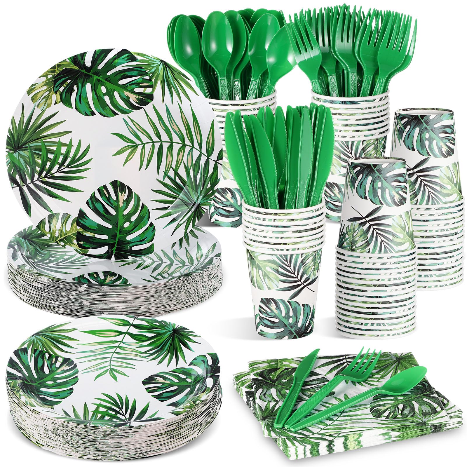 Willinglong 350 Pcs Luau Party Supplies Hawaiian Tropical Palm Leaves Tableware Set Luau Party Plates Napkins Cups Knives Forks Spoons for Summer