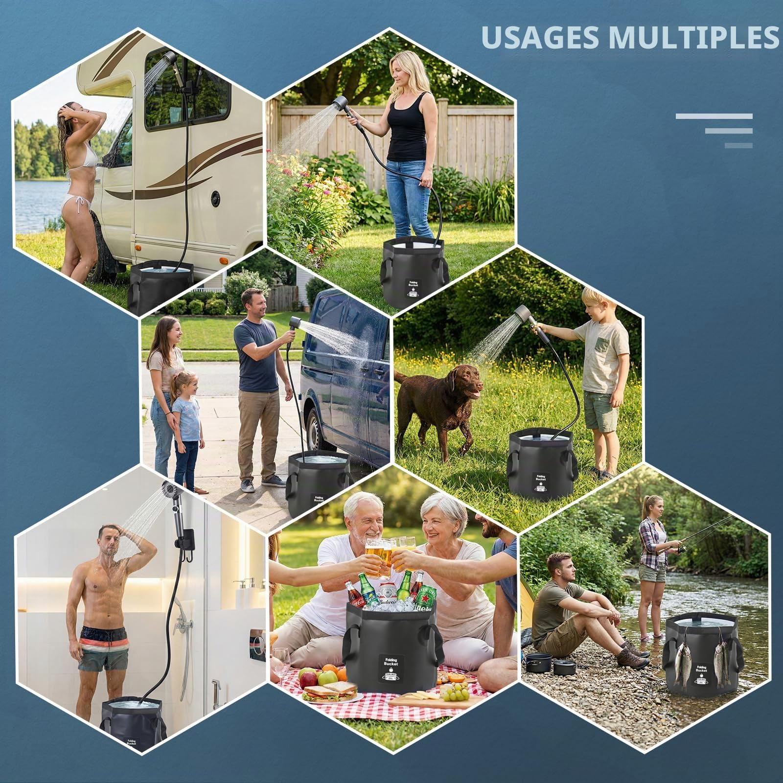 Douche de camping portable, avec pompe, batterie rechargeable 8000mAh Douche mobile, kit de douche de camping comprenant un pommeau de douche réglable, avec seau pliable de 20L, IPX7 étanche
