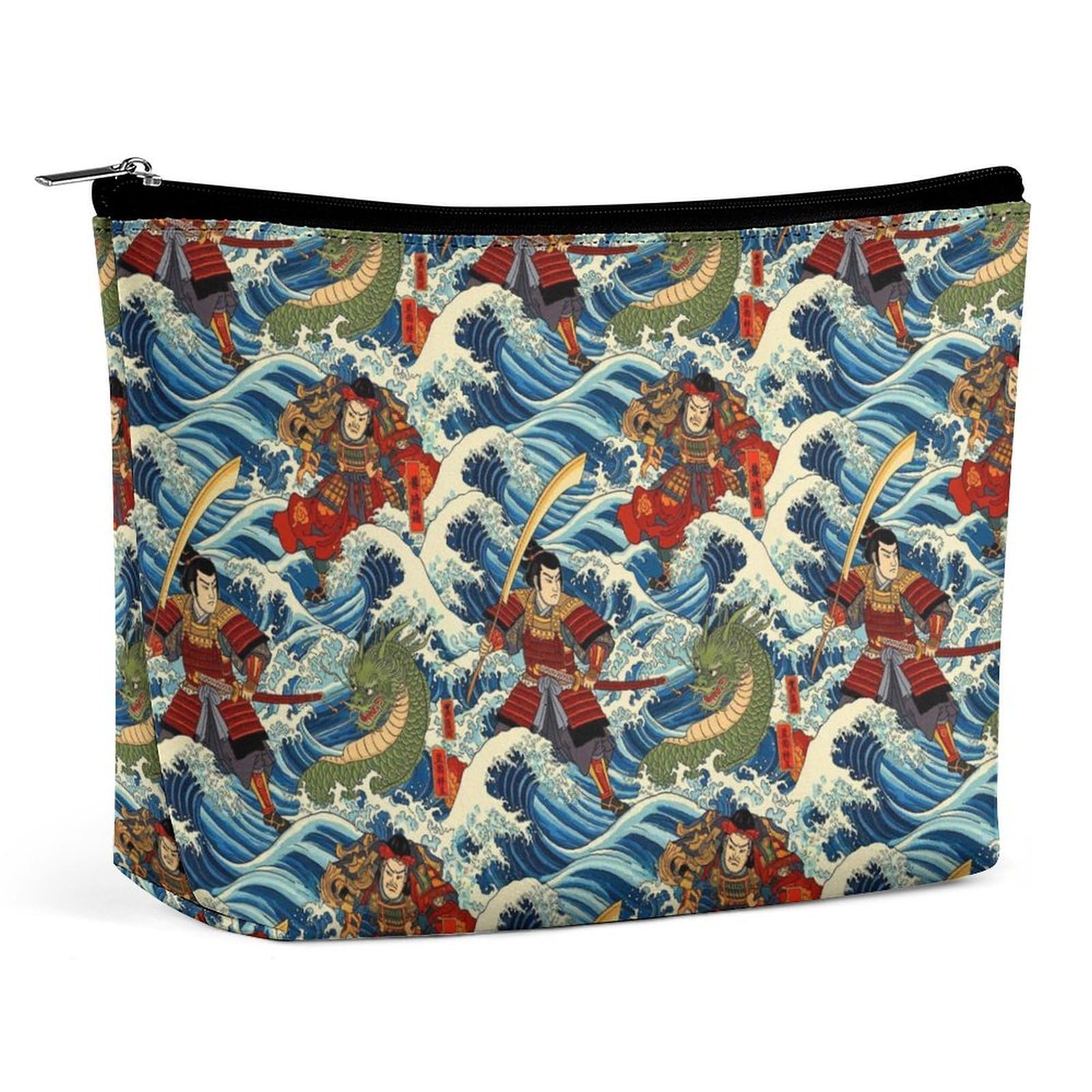 Travel Toiletry Bag Japanese Samurai Warrior Fighting Giant Salamander Dragon Lightweight Make Up Bag Skincare Brushes Storage Organizer Pouch Portable Cosmetic Case