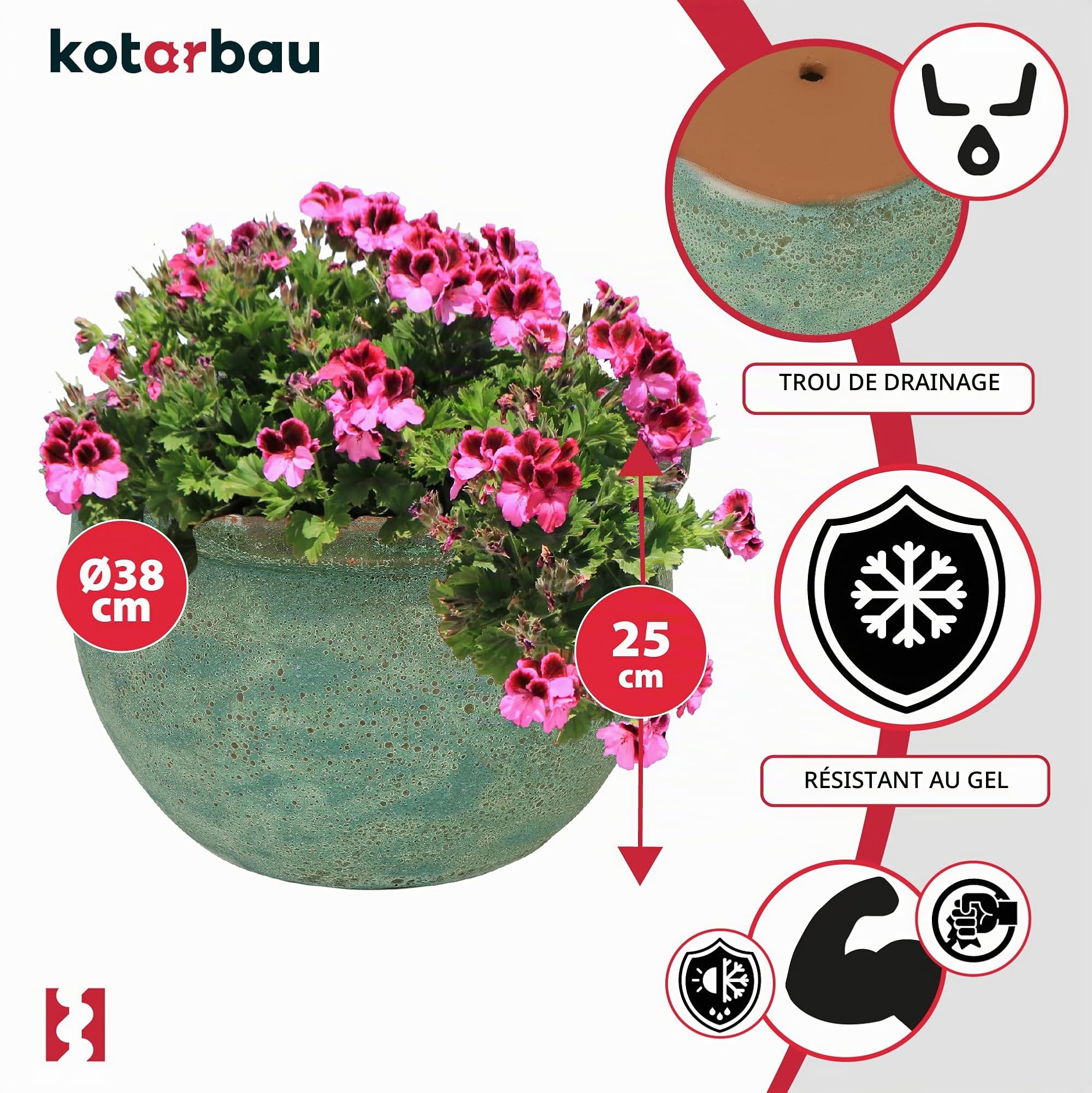 KOTARBAU® Pot En Céramique Vintage 38X25cm Turquoise Et Marron | Pot Résistant Au Gel | Pot Avec Drainage D'eau | Cache Pot Céramique | Pot Moderne | Pot De Fleur Céramique | Pot Céramique Extérieur