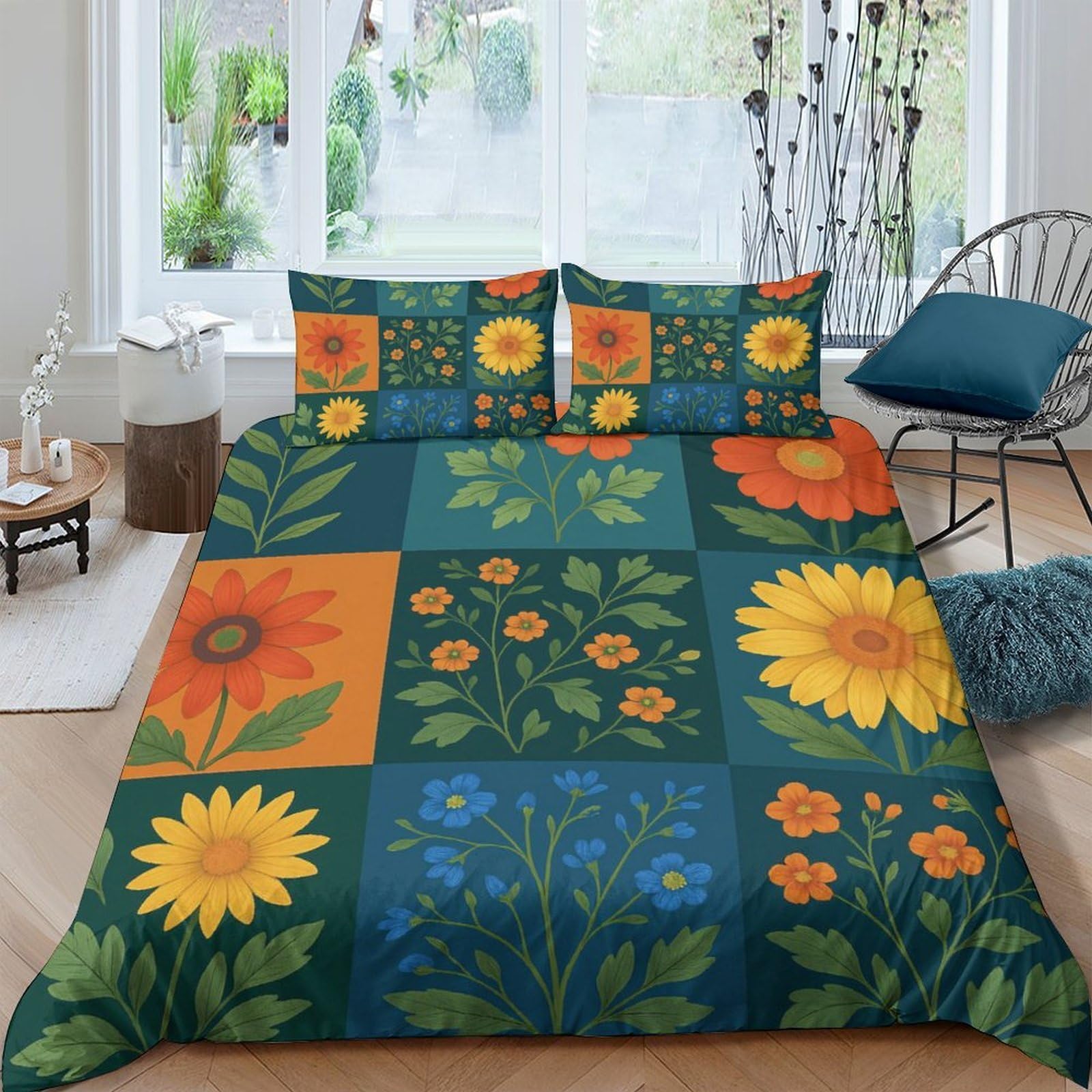 TUFRTGYHN 3D Printed Sunflower Patchwork Duvet Cover Set Microfiber Soft Breathable Floral Quilt Cover with 2 Pillowcases for Bedroom Décor Single（135x200cm）