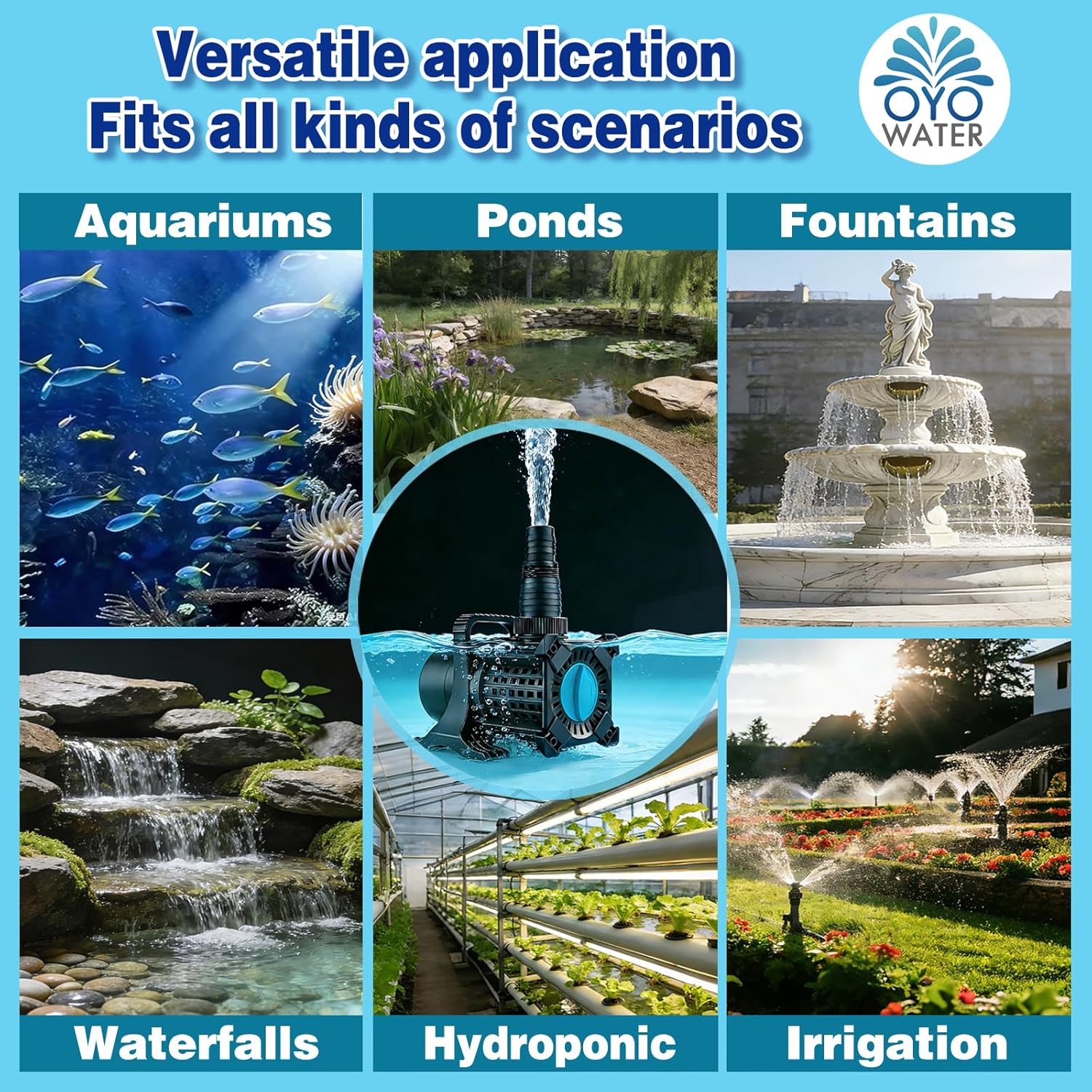 OYO WATER UL-Certified 325W 5100GPH High Flow Pond Pump with 20.3ft Power Cord, Submersible Inline Pump for Koi Ponds, Cascades, Drainage, UL Safety Rated for Outdoor Use