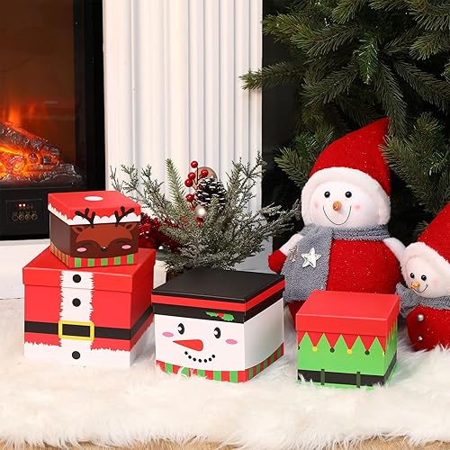 Miniatura 5 de TaoBary 4 cajas de regalo de Navidad rígidas apilables con tapas, alce, Papá Noel, muñeco de nieve, elfo, decoración anidada para Año Nuevo,