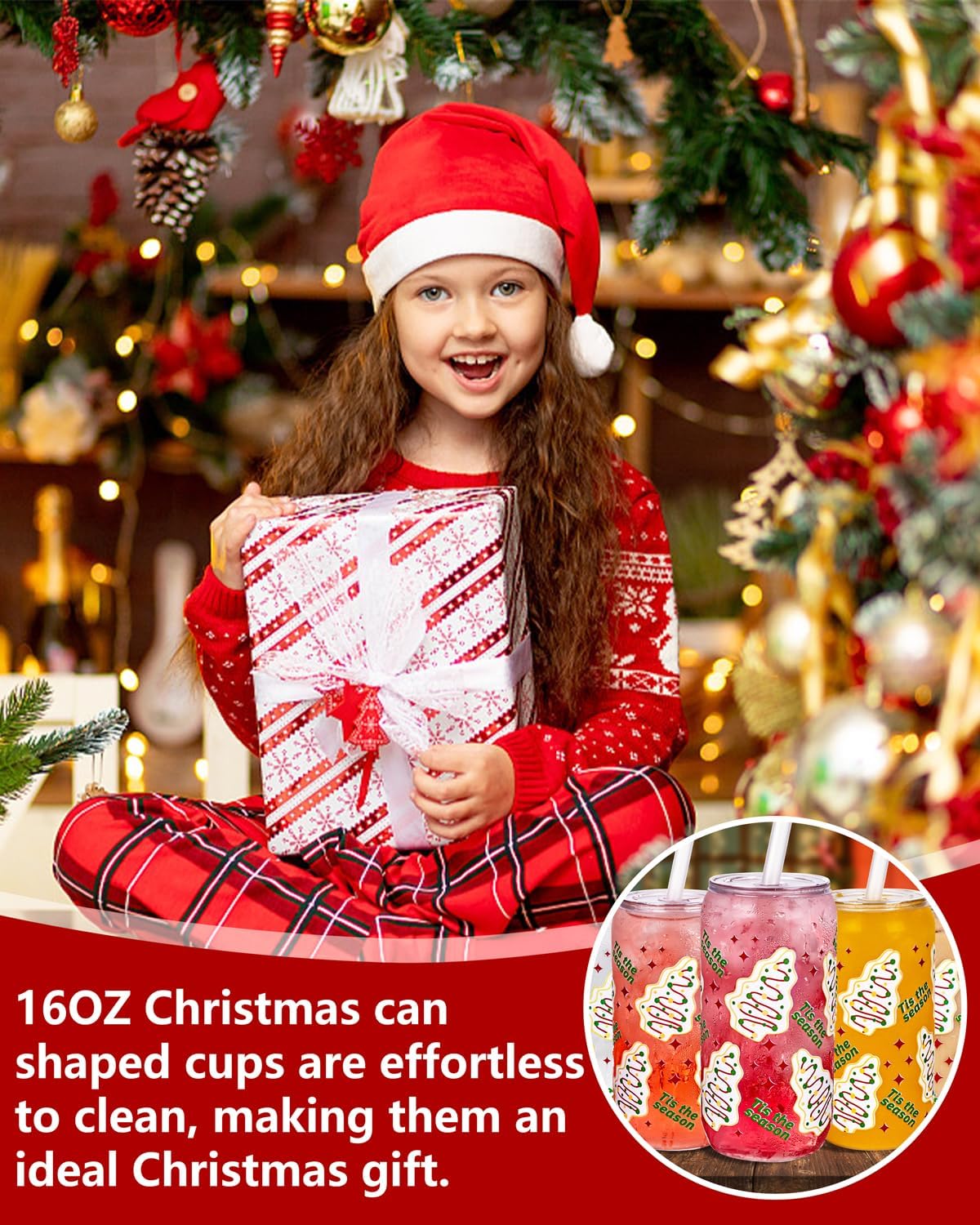 Ciaell 16 Pack Christmas Tree Plastic Cups - 16oz Can Shaped Drinking Glasses with 32PCS Lids and 16PCS Straws for Coffee Cocktail Soda Boba Beer Smoothie Christmas Party Gift - Image 4