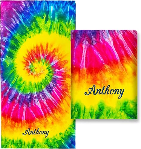 Beachland Toalla de playa personalizada de teñido anudado de 30 x 60 pulgadas, 100% algodón, colores hippie arcoíris - Impreso en un lado (una